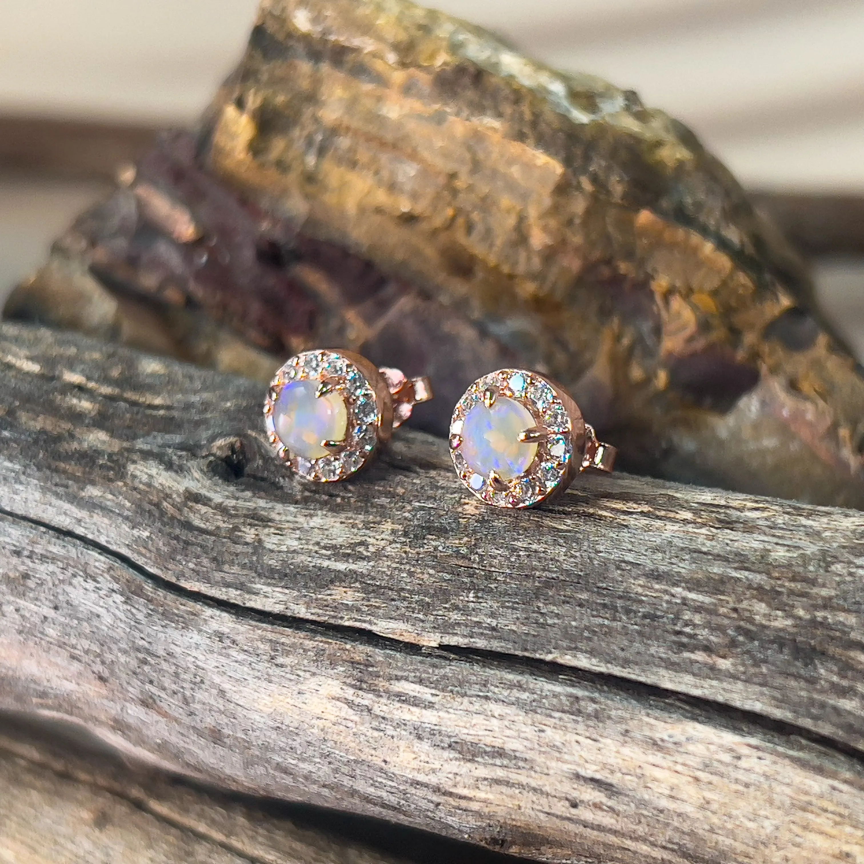 Rose Gold plated Sterling Silver 5mm Light Opal halo stud earrings