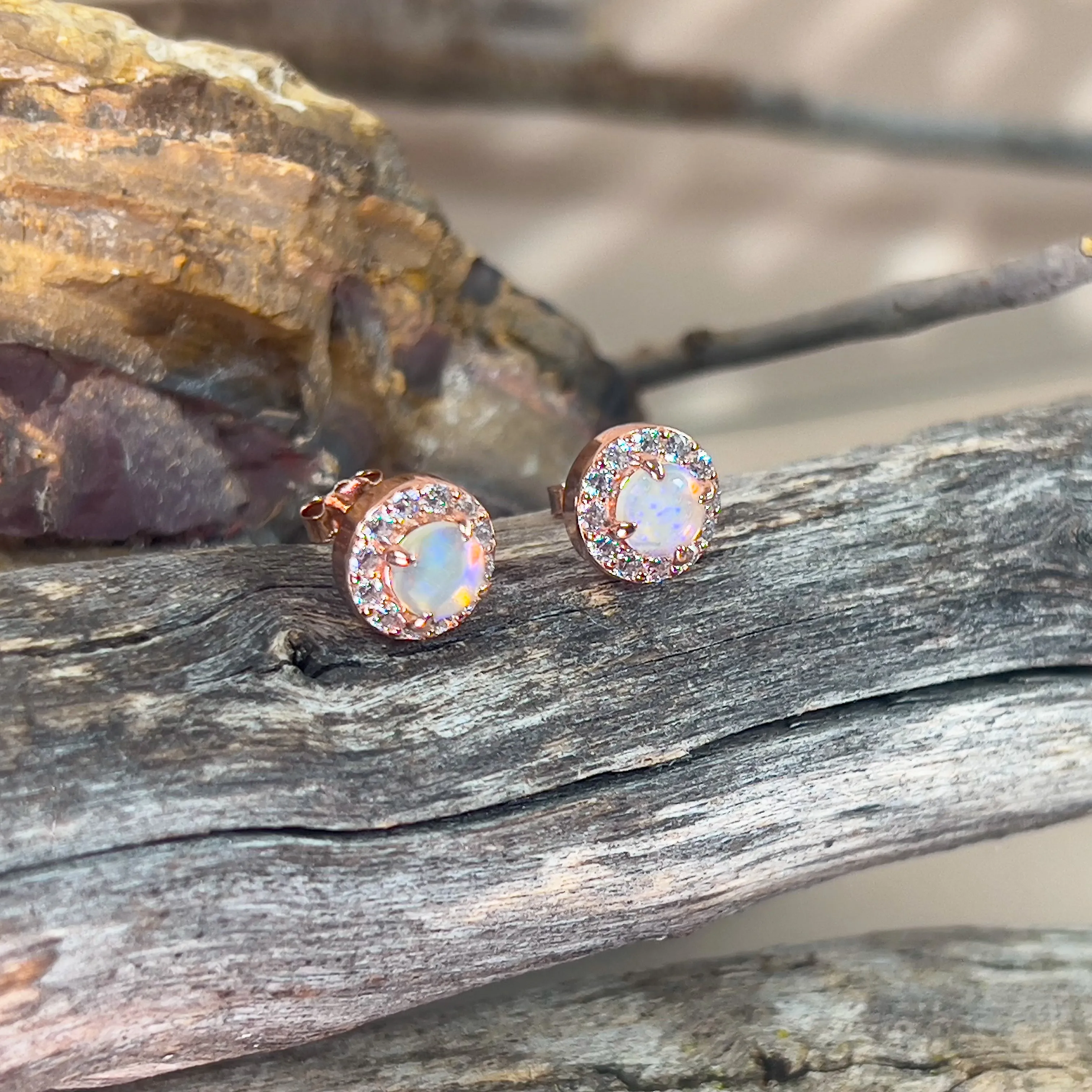 Rose Gold plated Sterling Silver 5mm Light Opal halo stud earrings