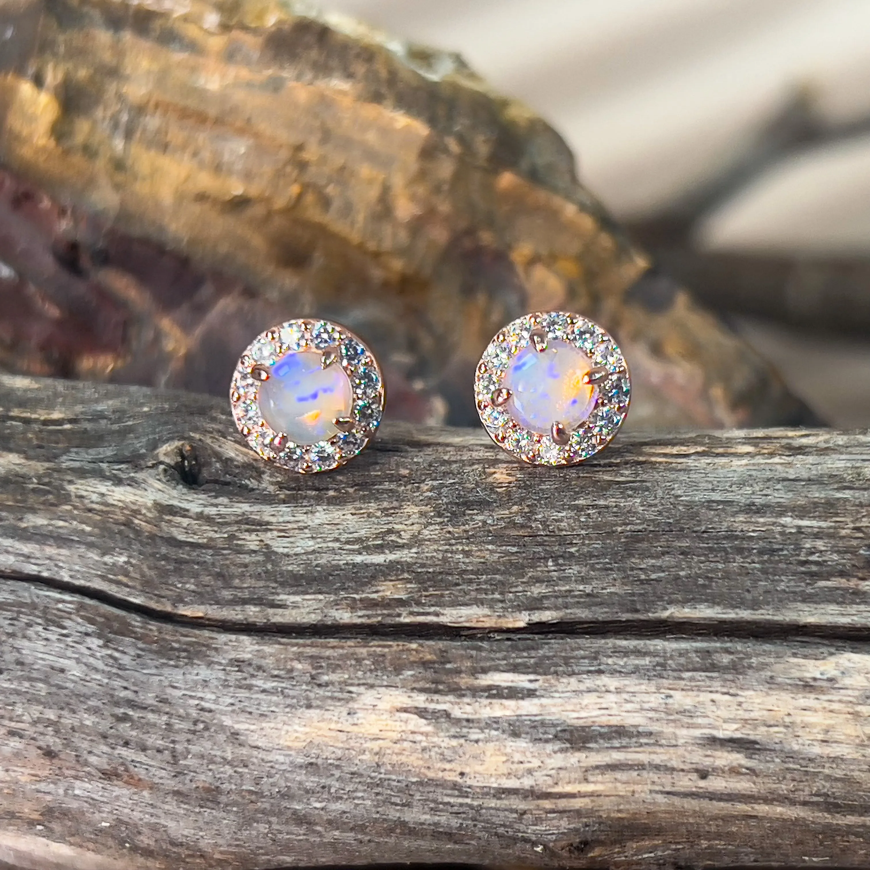 Rose Gold plated Sterling Silver 5mm Light Opal halo stud earrings