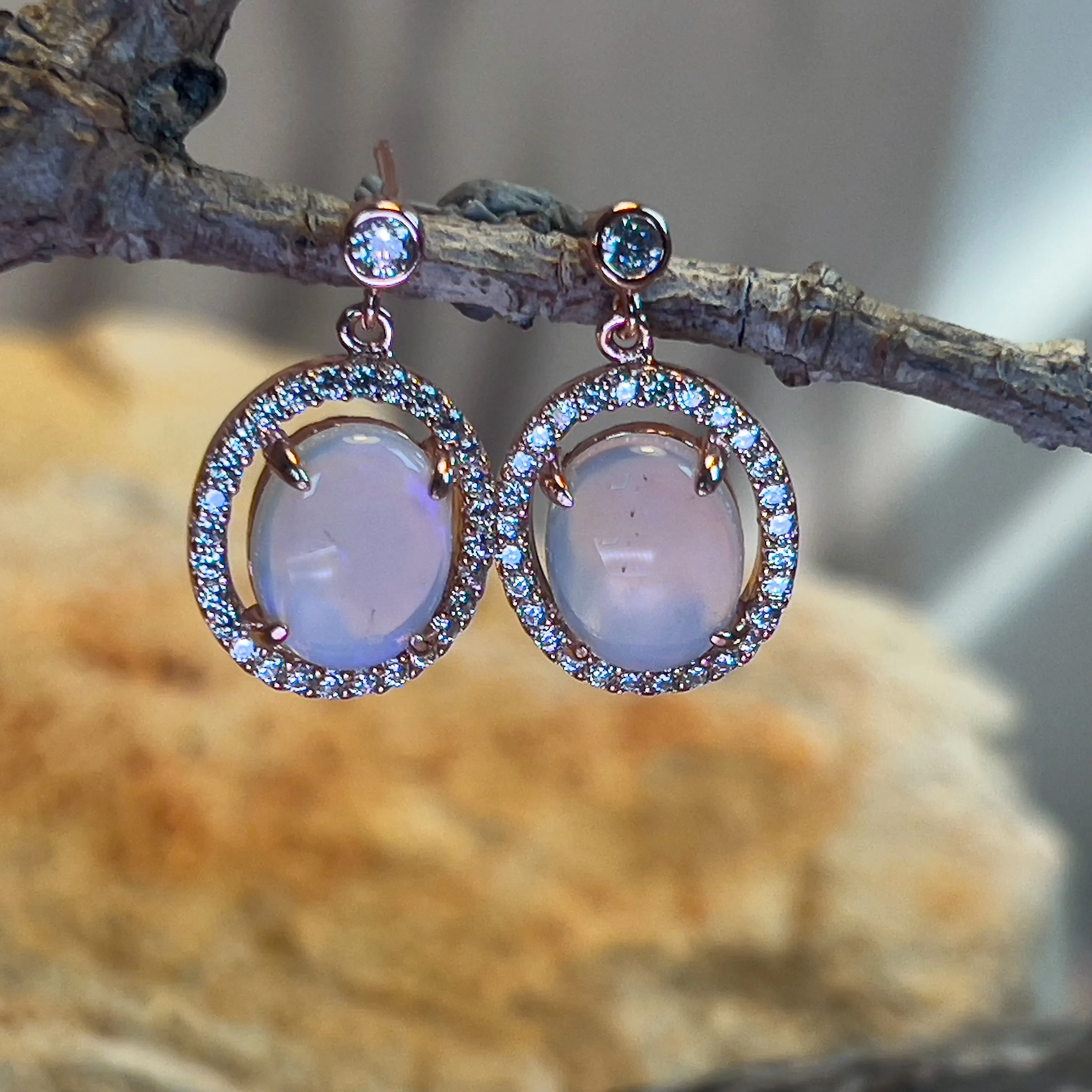 Rose Gold plated Sterling Silver dangling halo earrings 10x8mm White opals