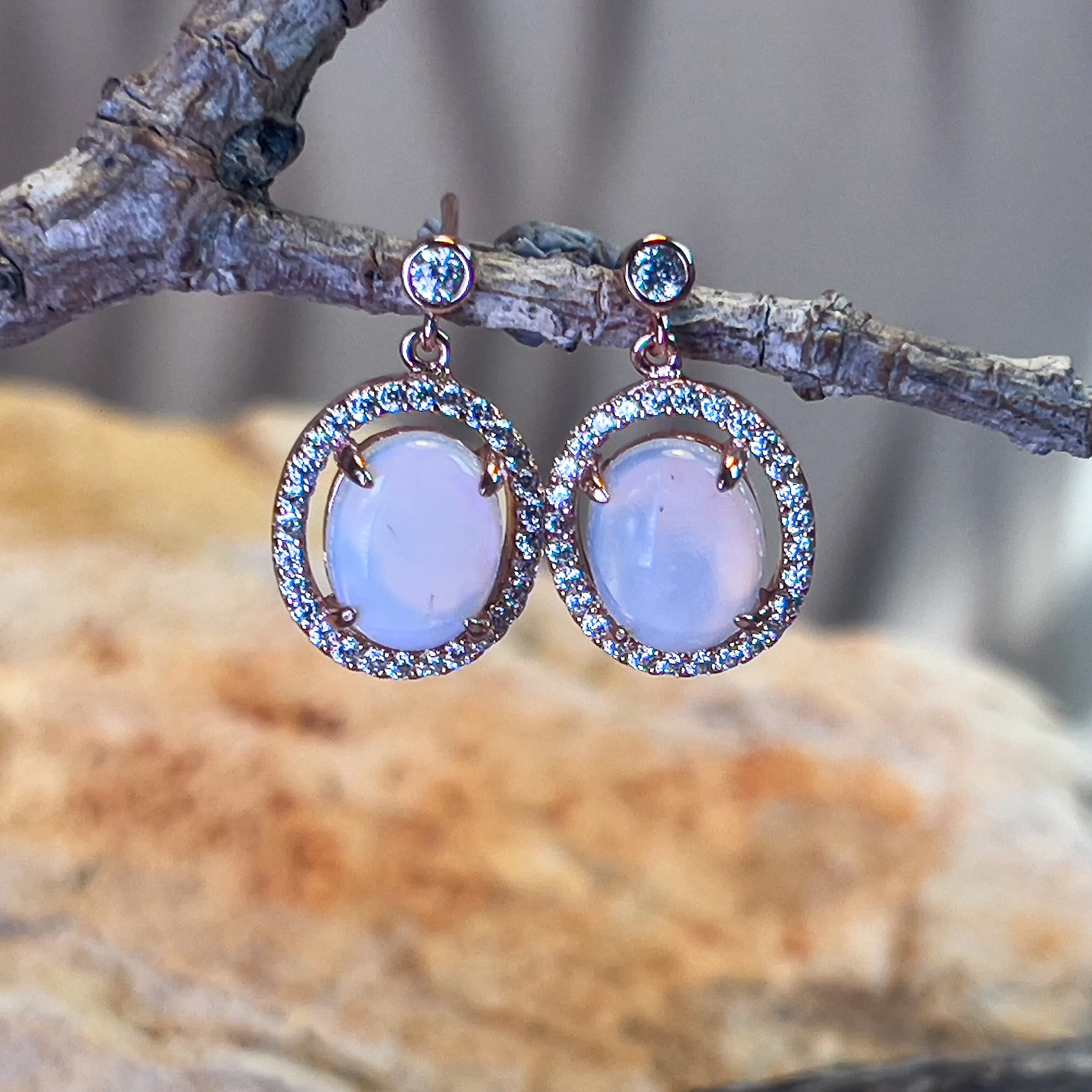 Rose Gold plated Sterling Silver dangling halo earrings 10x8mm White opals