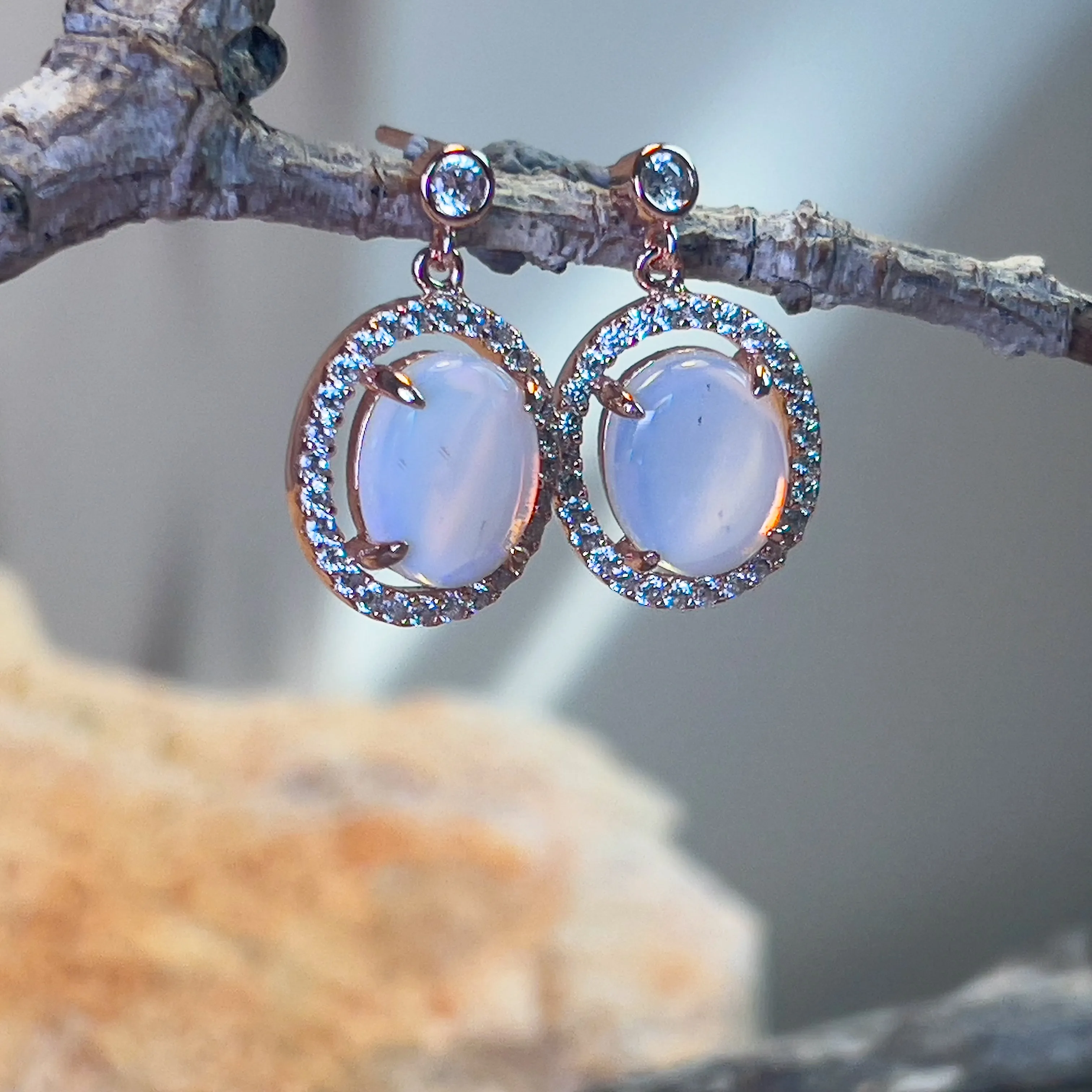 Rose Gold plated Sterling Silver dangling halo earrings 10x8mm White opals