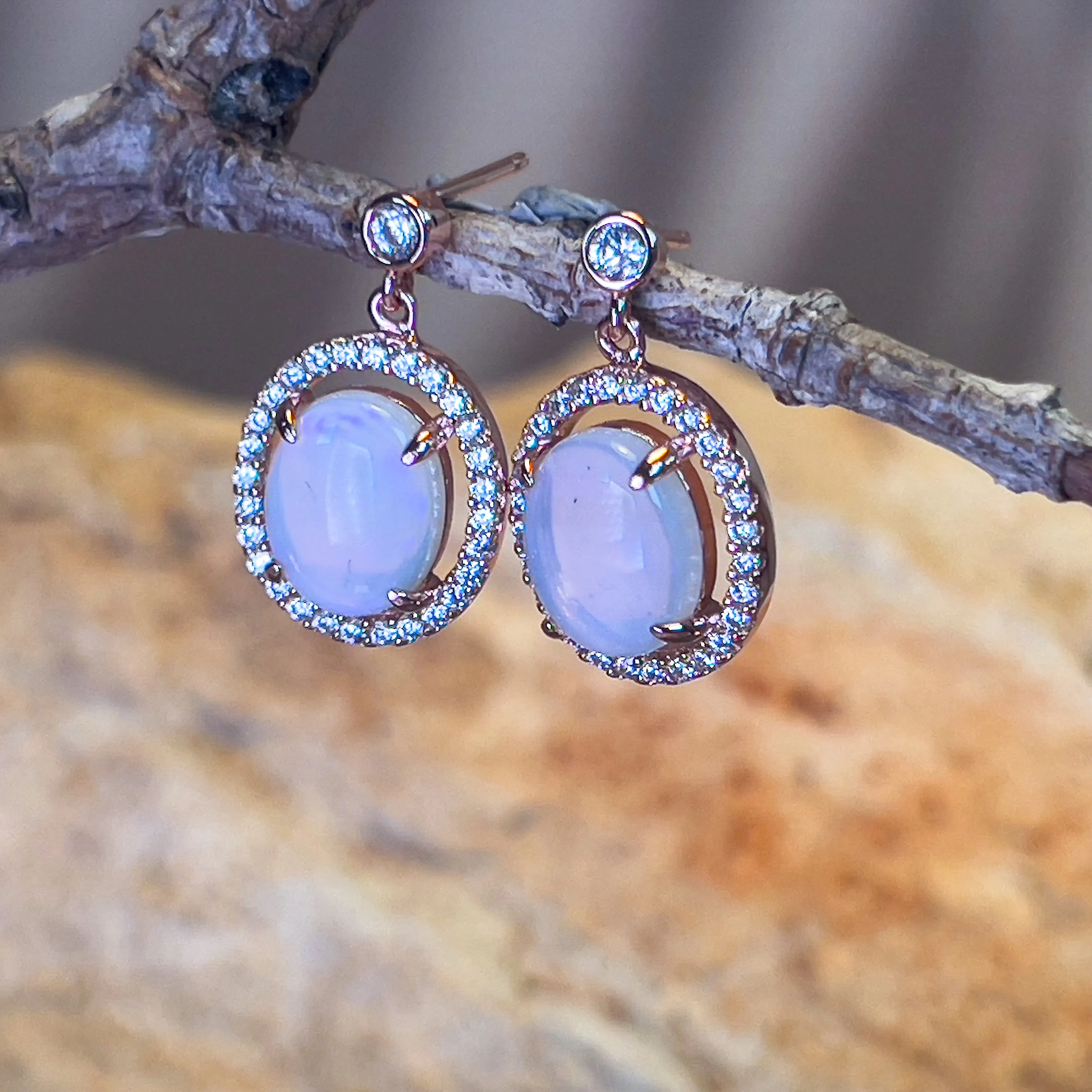 Rose Gold plated Sterling Silver dangling halo earrings 10x8mm White opals