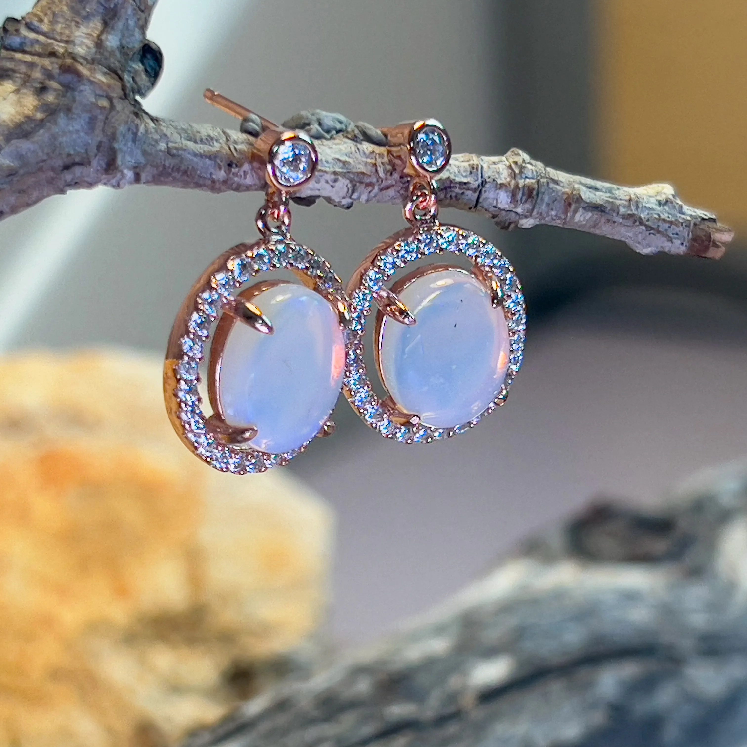 Rose Gold plated Sterling Silver dangling halo earrings 10x8mm White opals