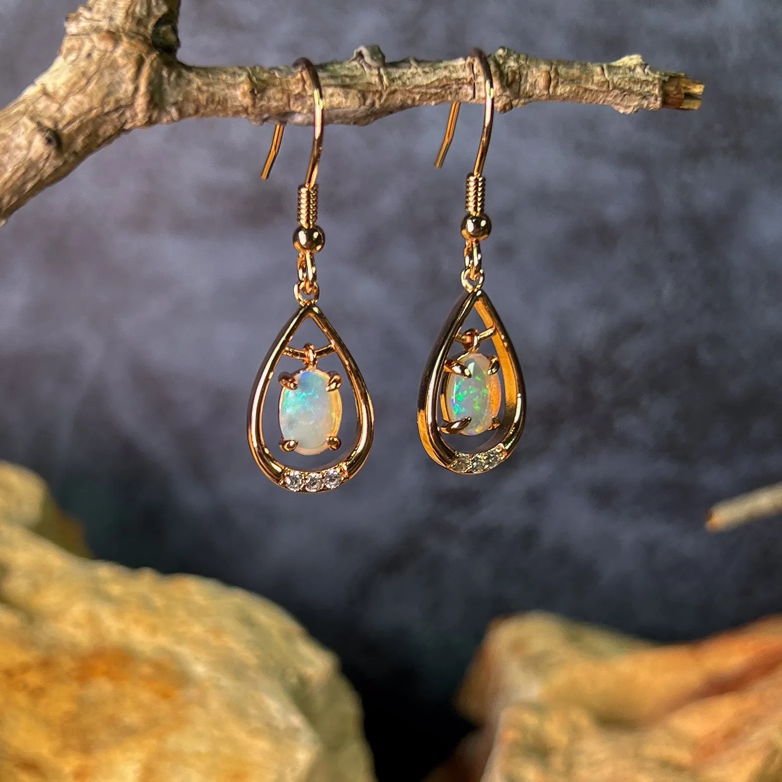 Rose Gold plated Sterling Silver dangling White Opal earrings with cz teardrop shape