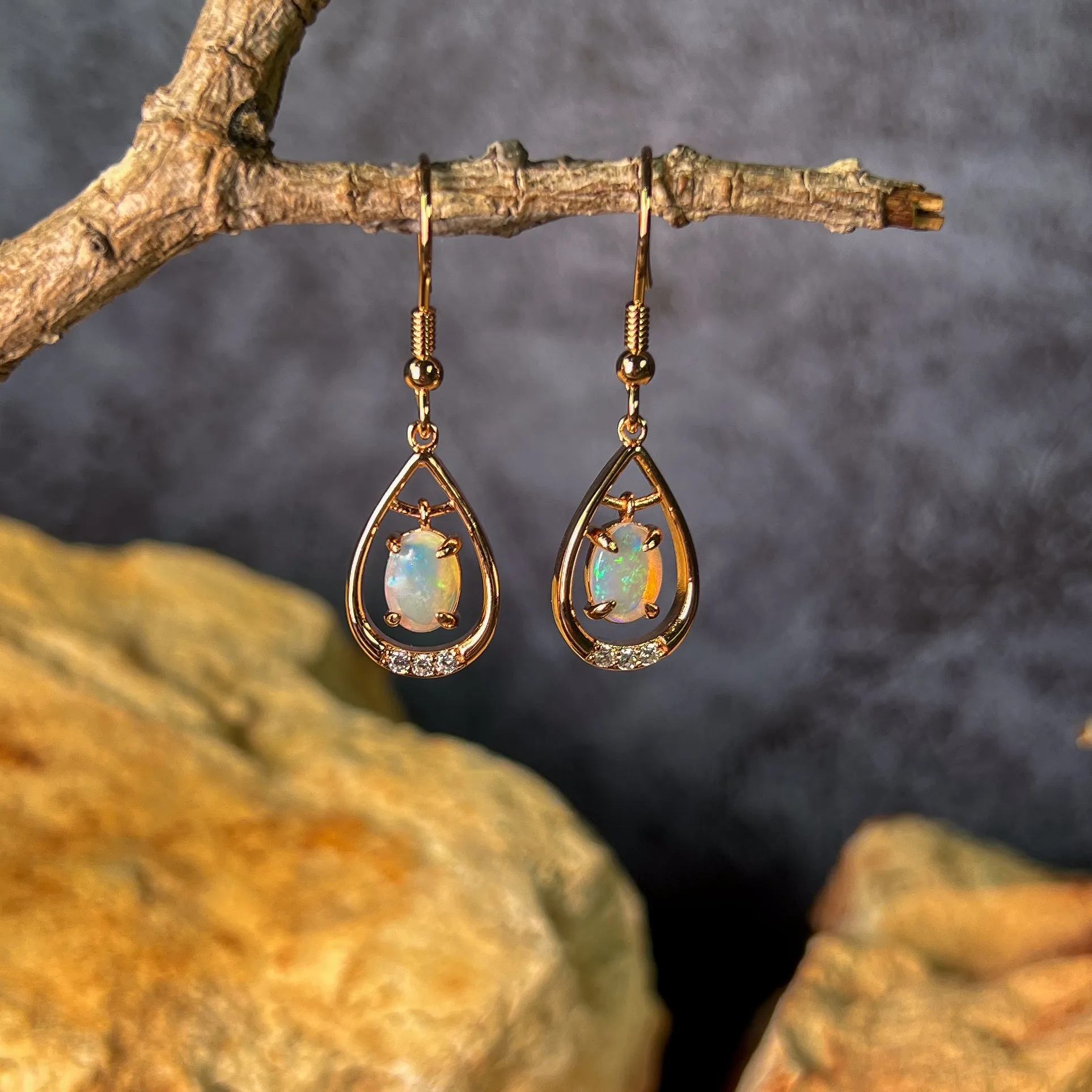 Rose Gold plated Sterling Silver dangling White Opal earrings with cz teardrop shape