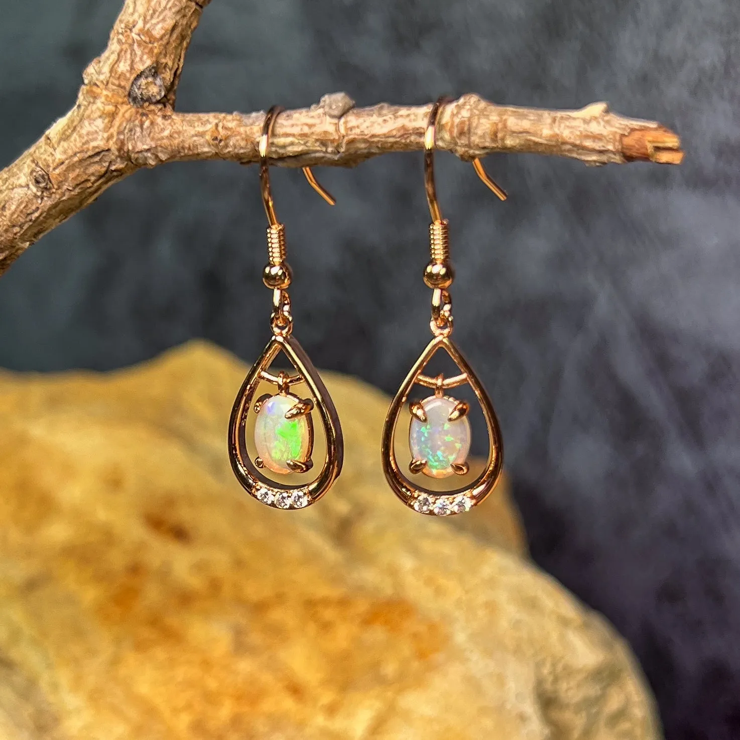 Rose Gold plated Sterling Silver dangling White Opal earrings with cz teardrop shape