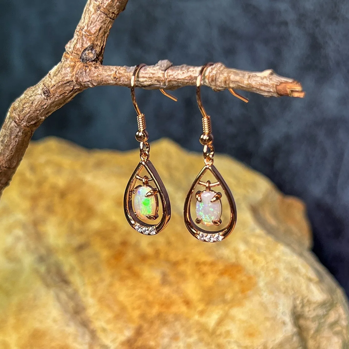 Rose Gold plated Sterling Silver dangling White Opal earrings with cz teardrop shape