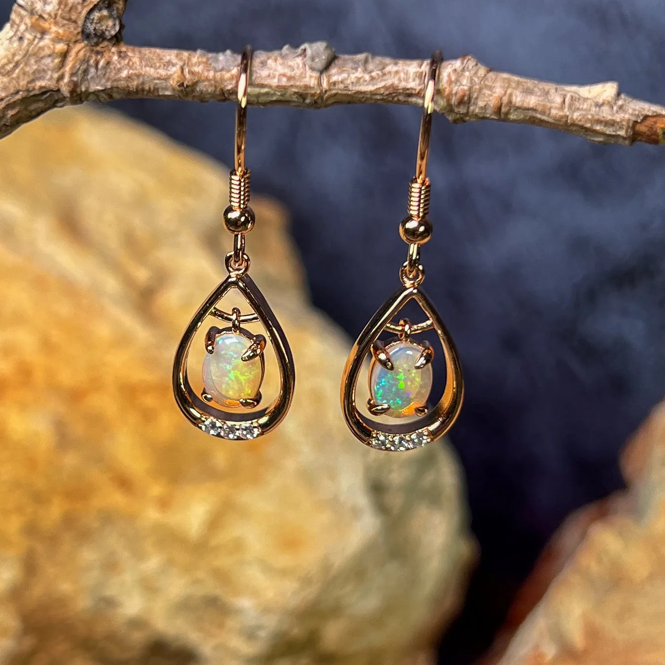 Rose Gold plated Sterling Silver dangling White Opal earrings with cz teardrop shape