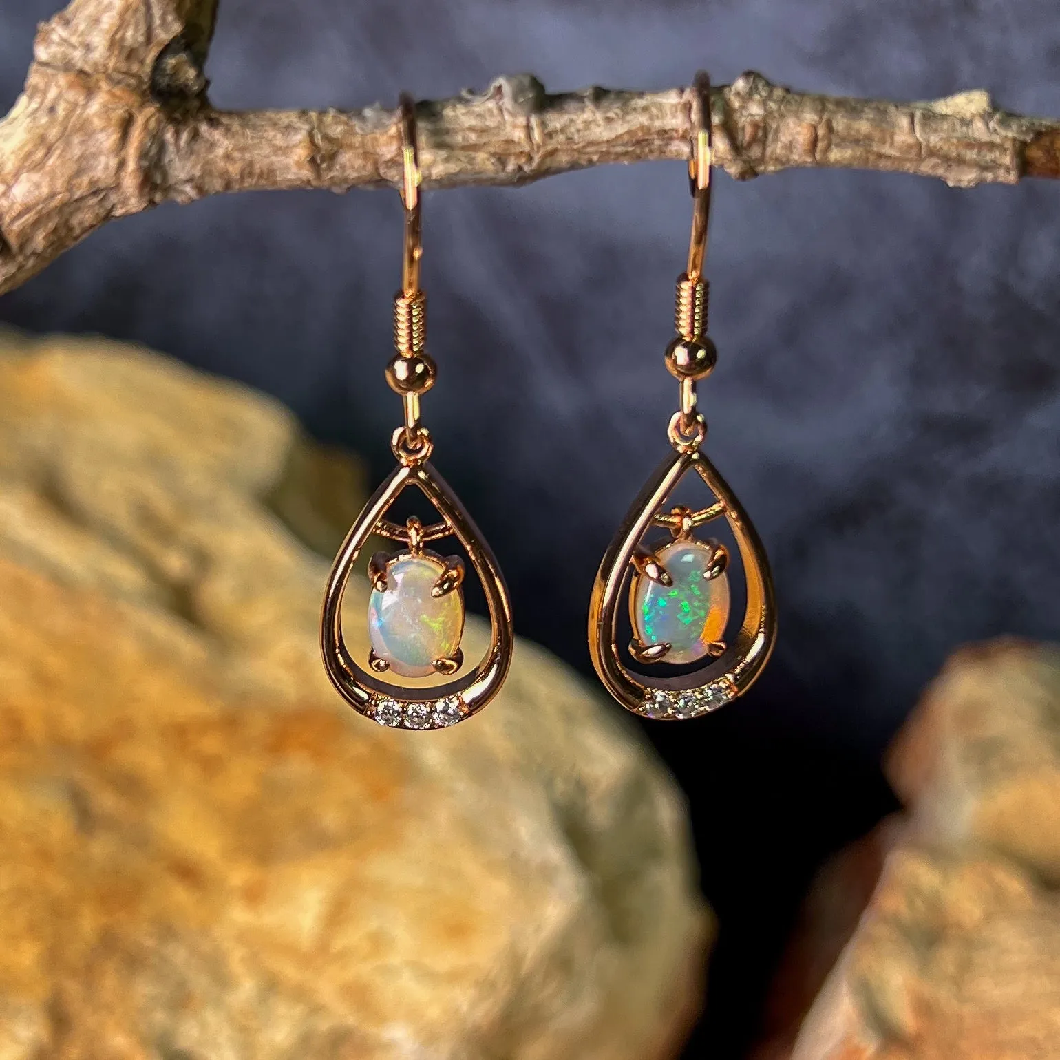 Rose Gold plated Sterling Silver dangling White Opal earrings with cz teardrop shape