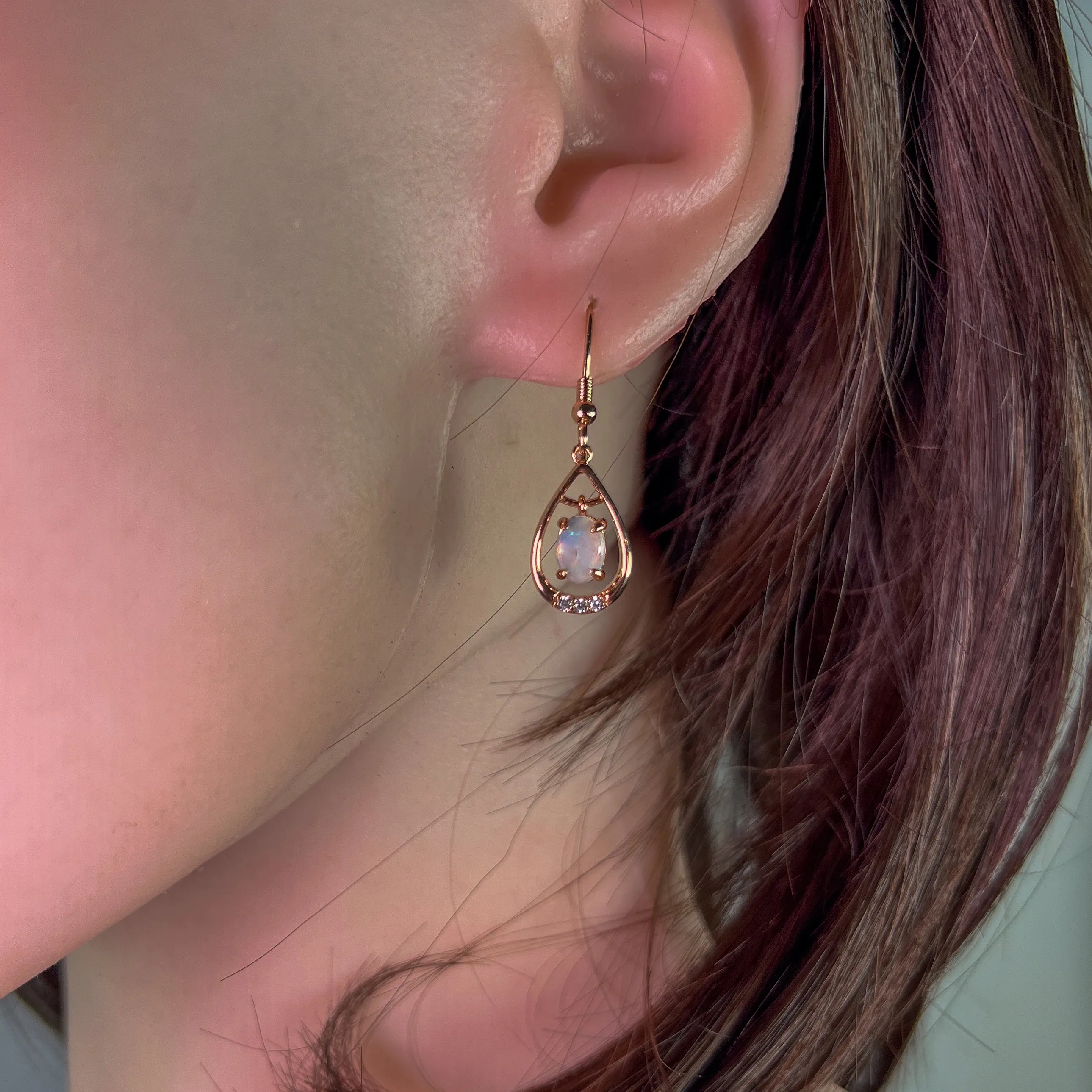 Rose Gold plated Sterling Silver dangling White Opal earrings with cz teardrop shape