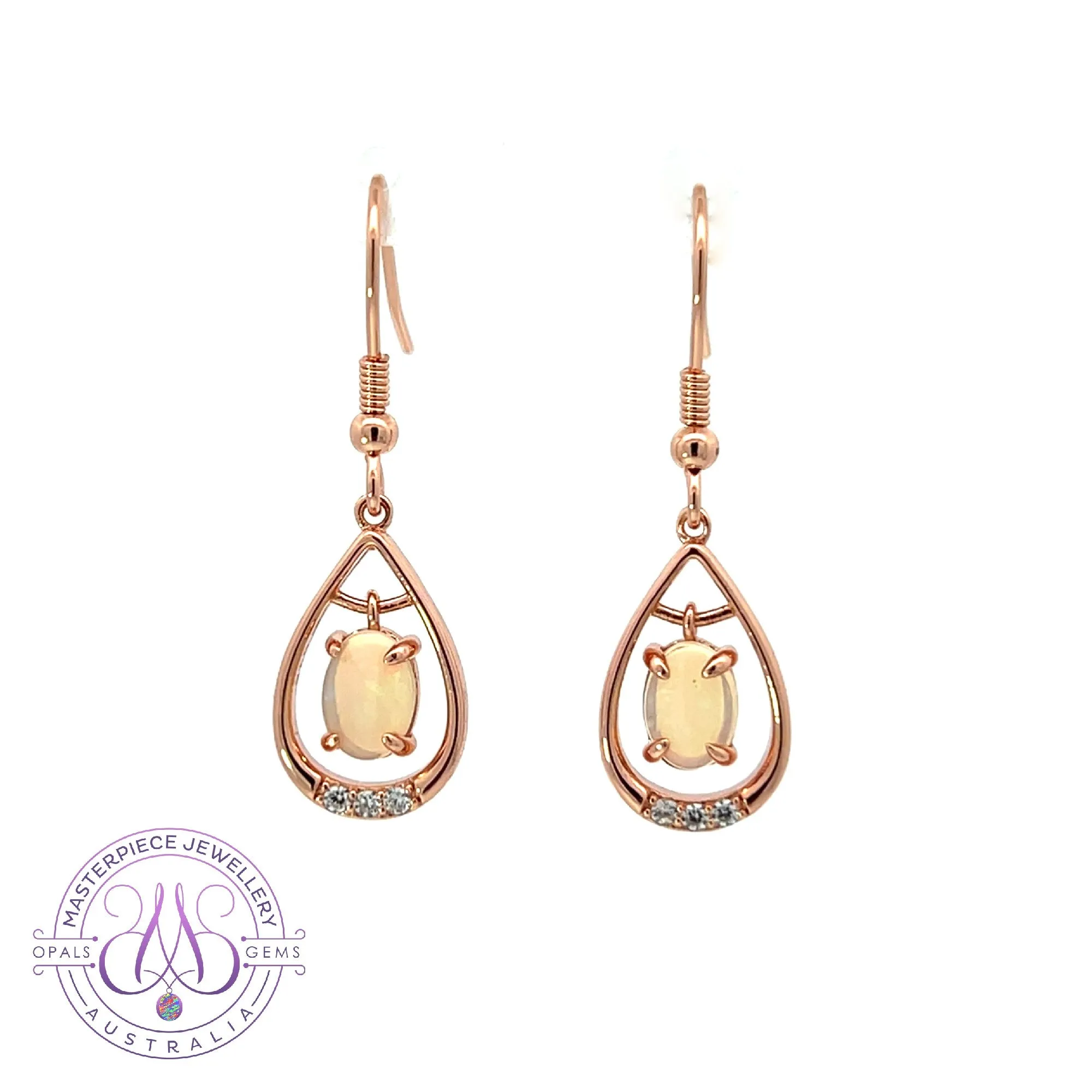 Rose Gold plated Sterling Silver dangling White Opal earrings with cz teardrop shape