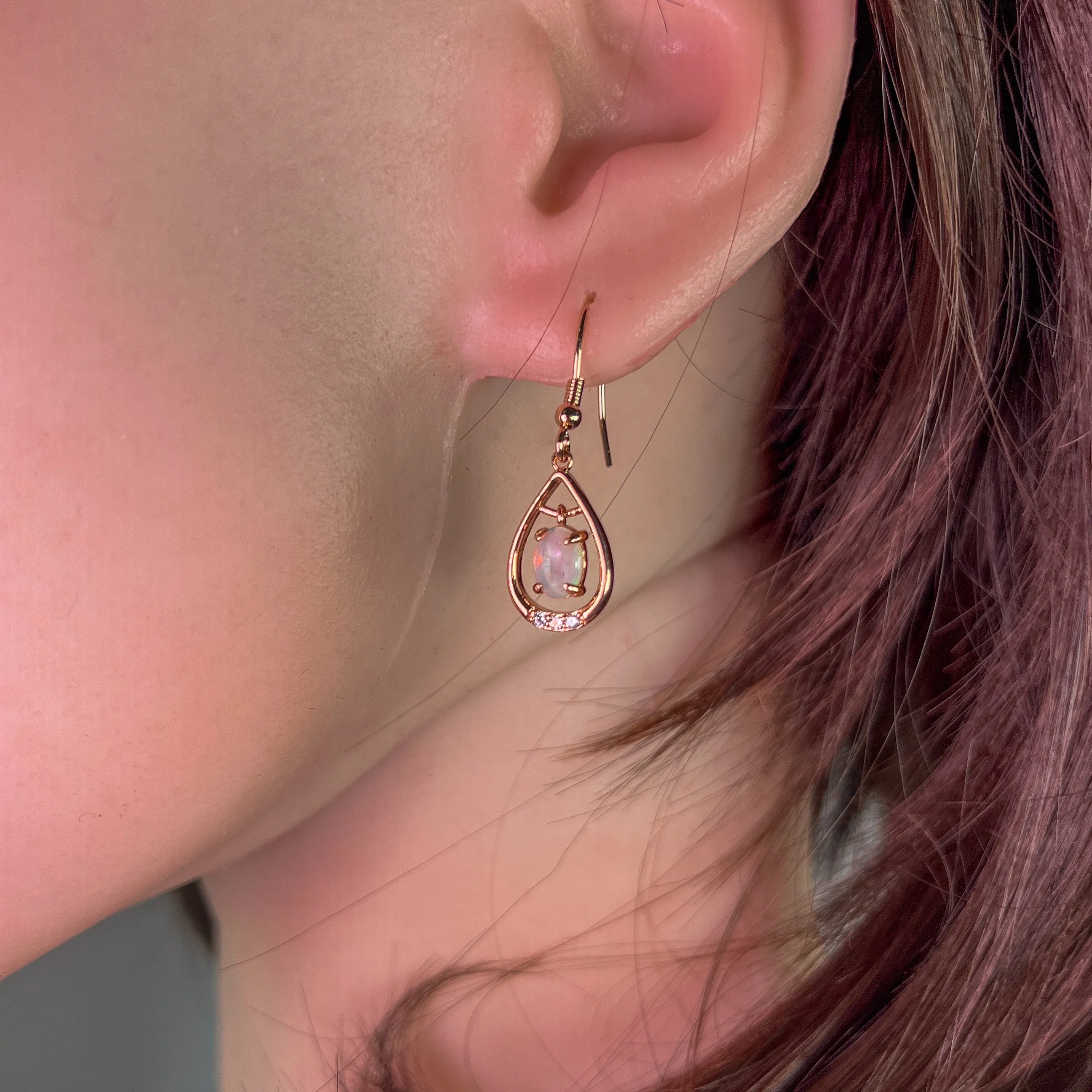 Rose Gold plated Sterling Silver dangling White Opal earrings with cz teardrop shape