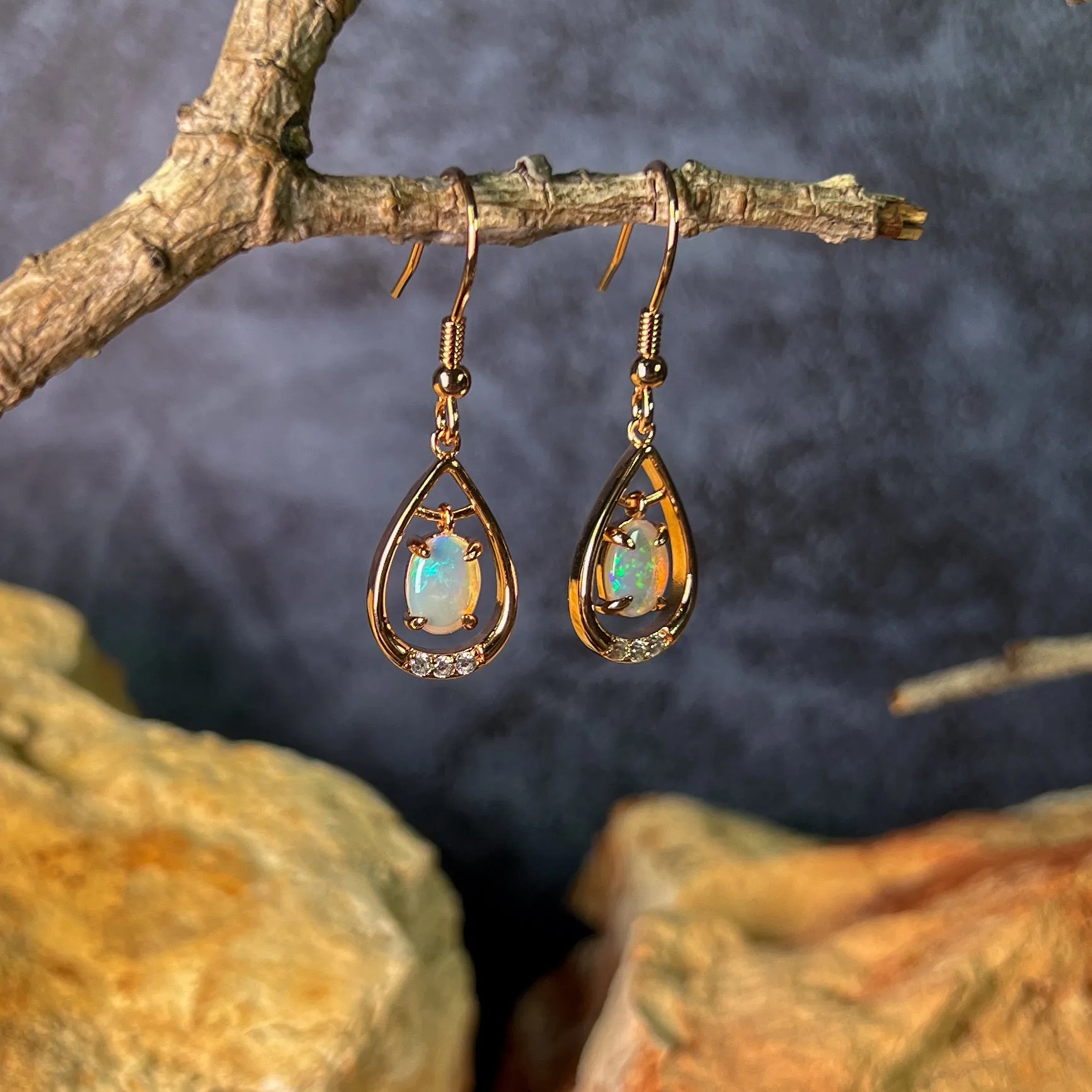 Rose Gold plated Sterling Silver dangling White Opal earrings with cz teardrop shape