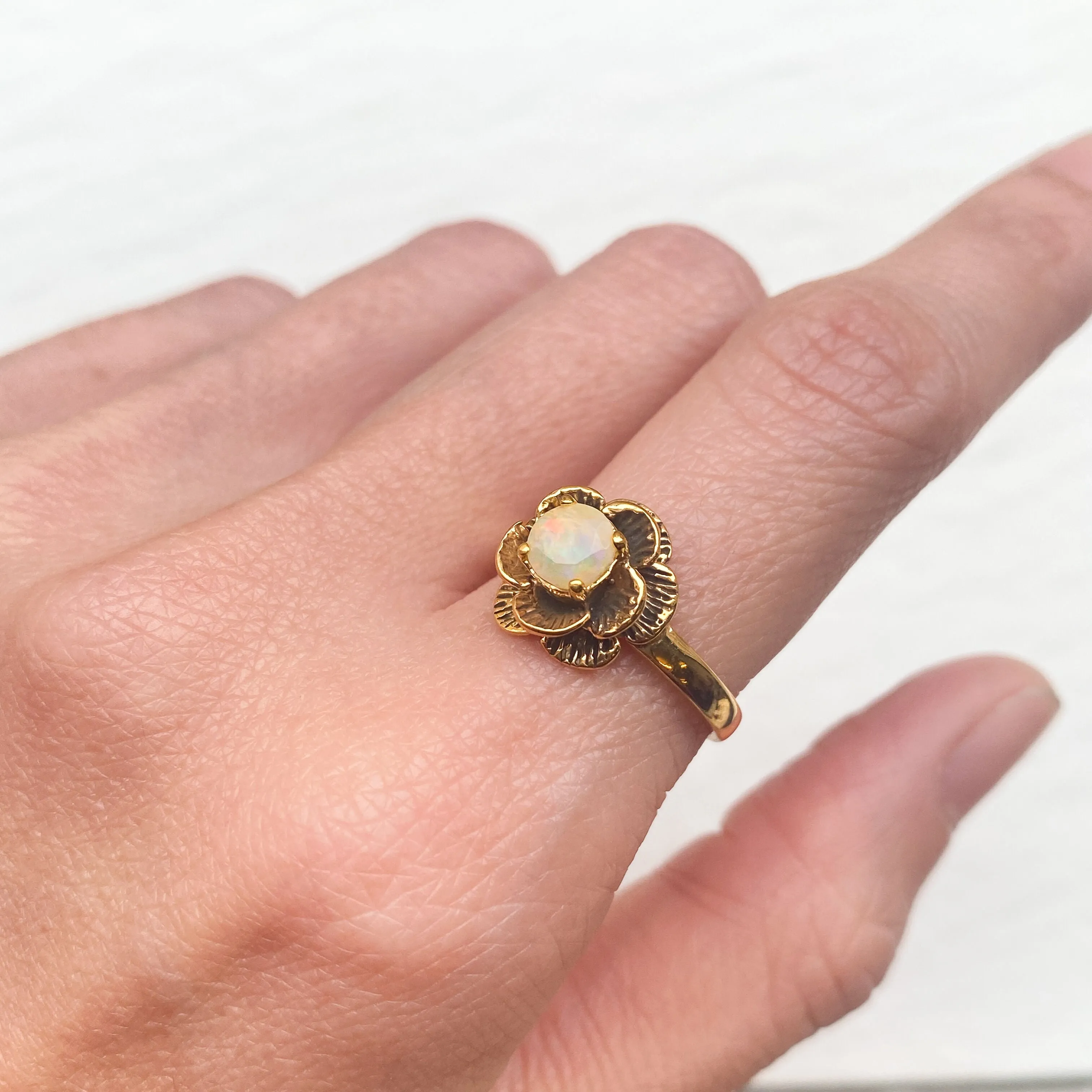 Rose Opal Ring - Gold Opal Ring - White Flower Ring