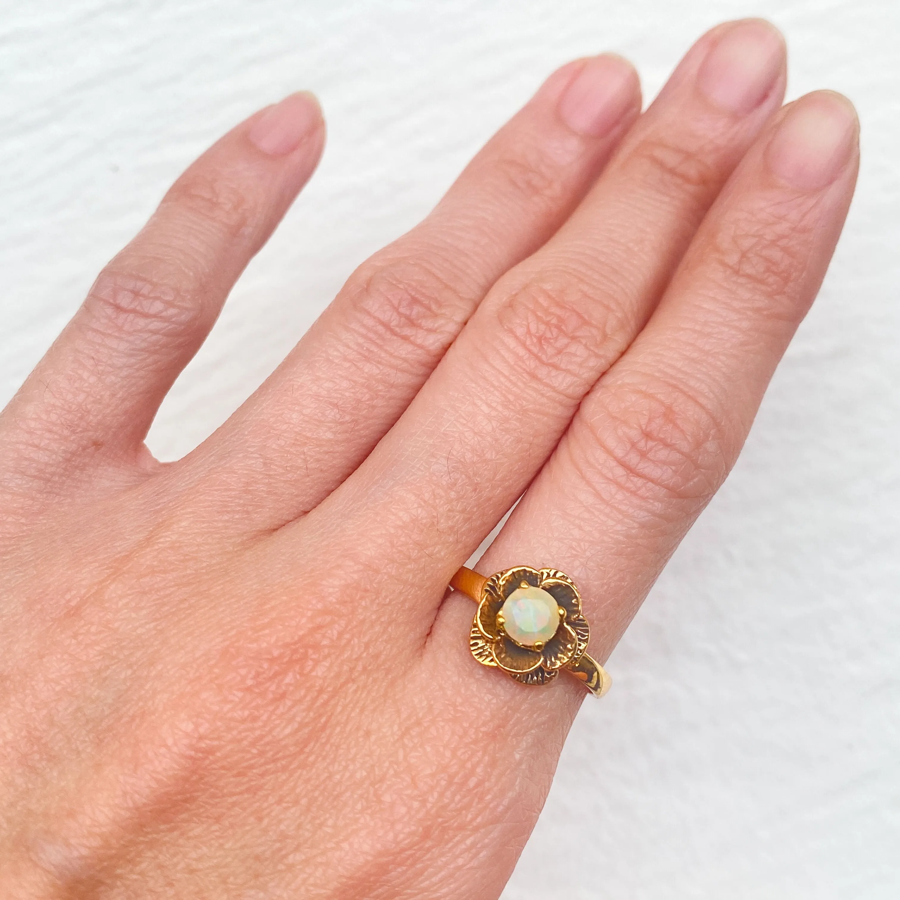 Rose Opal Ring - Gold Opal Ring - White Flower Ring