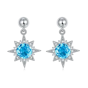 Round Natural Blue Crystal Star Pendant Sterling Silver Drop Earrings