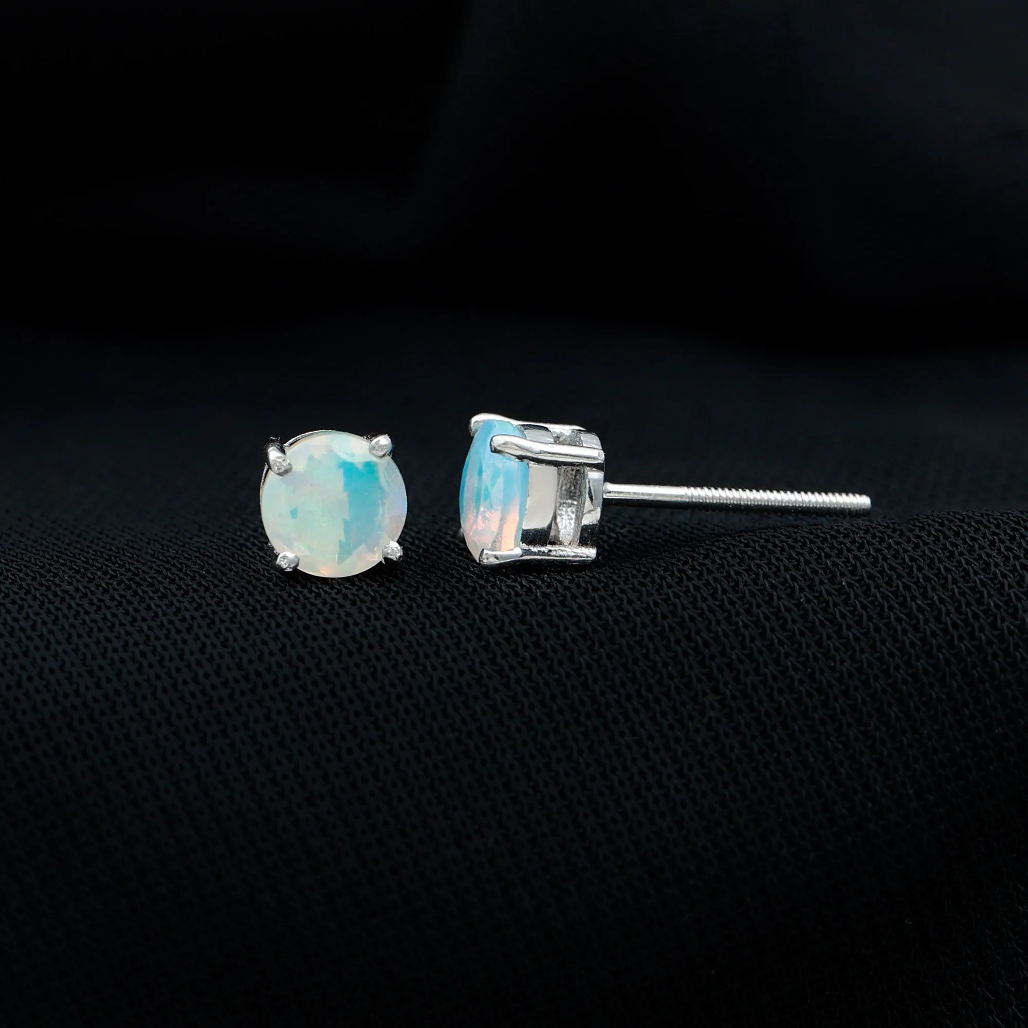 Round Shape Genuine Ethiopian Opal Solitaire Stud Earrings