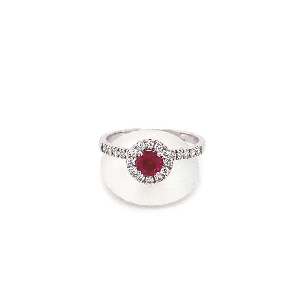 Ruby and Diamond Halo ring 14kt White Gold