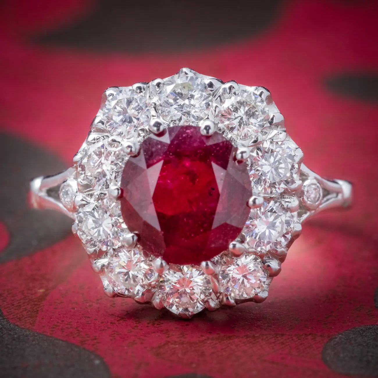 Ruby Diamond Cluster Ring 18Ct White Gold 2.60Ct Ruby