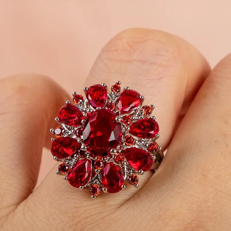 Ruby Flower Shape Gemstone Silver Ring