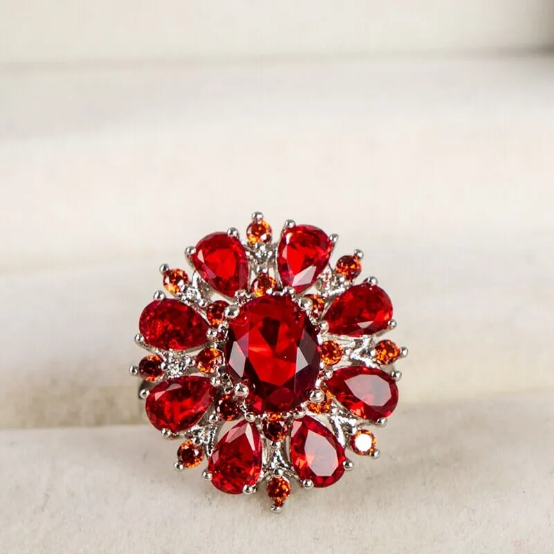 Ruby Flower Shape Gemstone Silver Ring