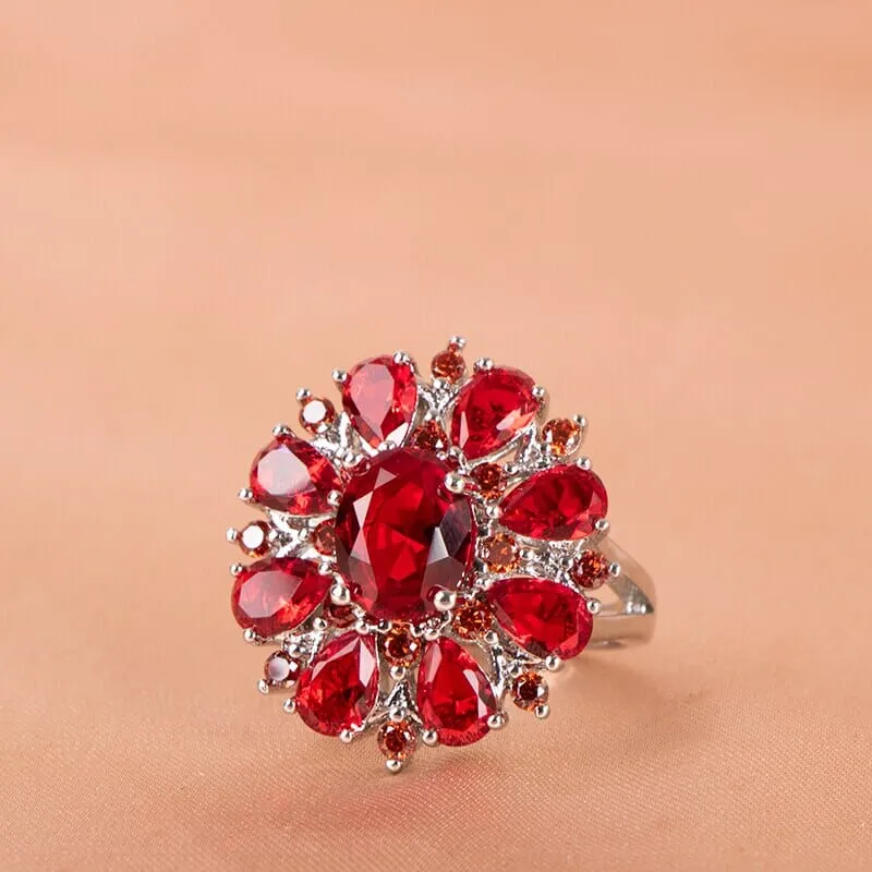 Ruby Flower Shape Gemstone Silver Ring