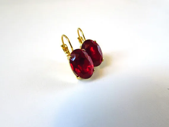 Ruby Red Crystal Earrings - Medium Oval