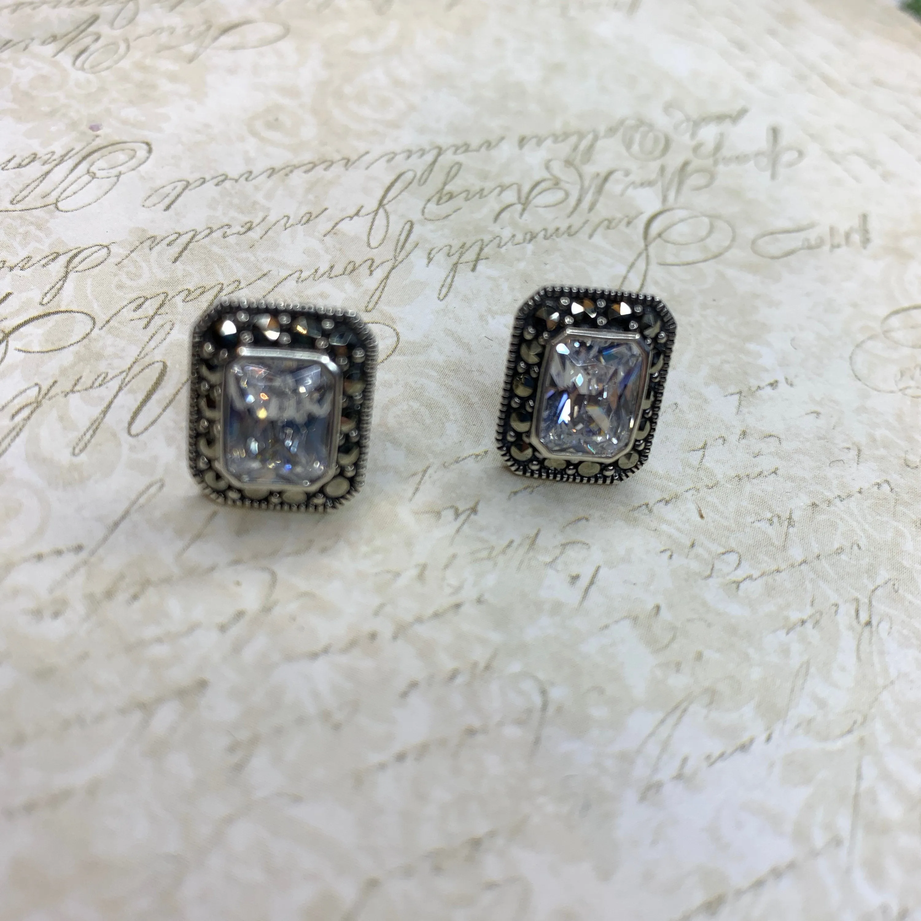 Silver Marcasite Clear Crystal  Earrings Square Studs Diamante