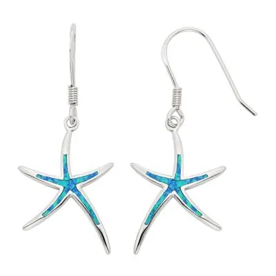 Sterling Silver Created Blue Opal Inlay Starfish Earrings (91292)