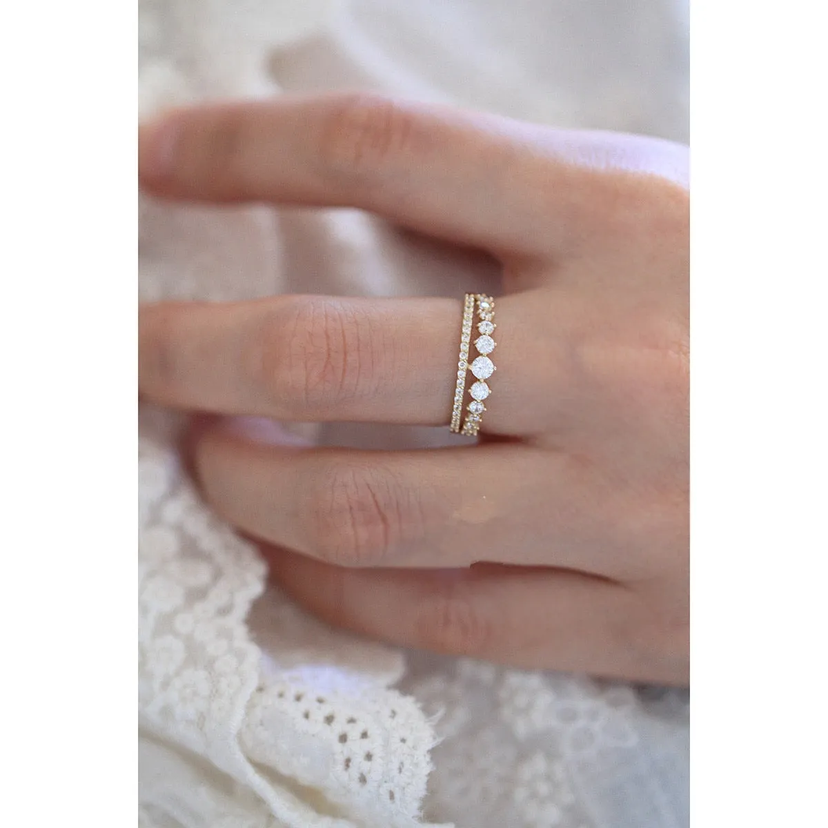 Sterling Silver Simple Double Row Pavé Crystal Ring Luxury Vintage 14k Gold Plating