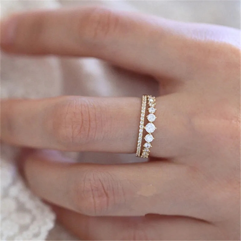 Sterling Silver Simple Double Row Pavé Crystal Ring Luxury Vintage 14k Gold Plating