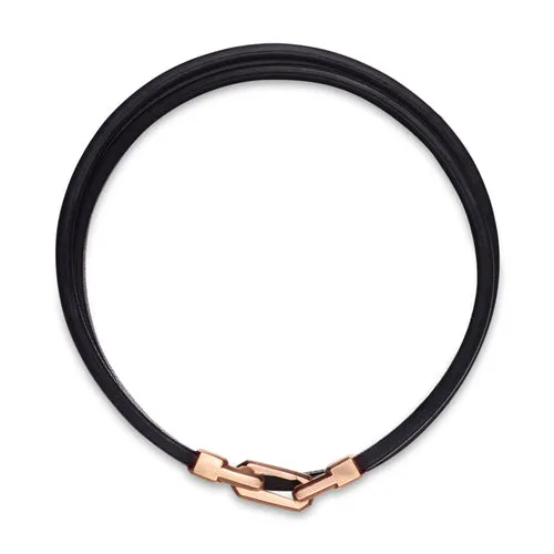 Streamline Double Wrap Black Leather Bracelet with 18K Rose Gold, 5.2mm, Size Medium