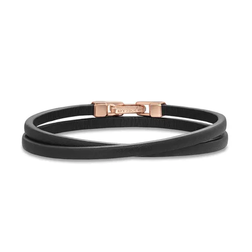 Streamline Double Wrap Black Leather Bracelet with 18K Rose Gold, 5.2mm, Size Medium