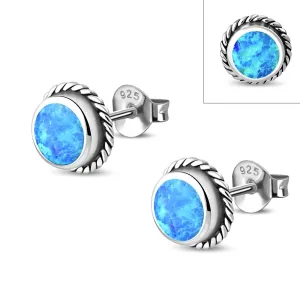 Synthetic Blue Opal Round Stud Silver Earrings