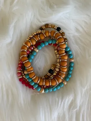 Turquoise, Red & Gold Set of 5 Stretch Beaded Bracelets