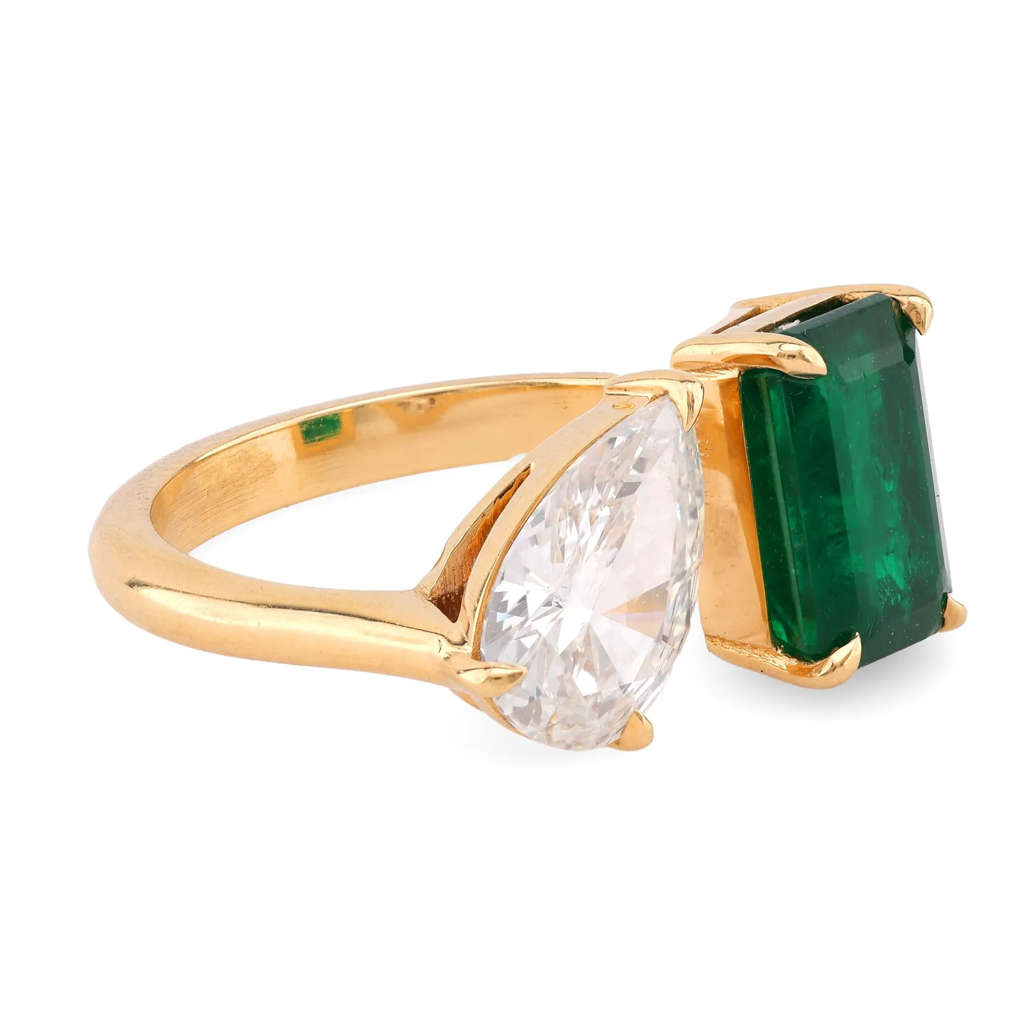 Vintage 2.33 Carat Emerald Diamond 18K Yellow Gold Toi Et Moi Ring