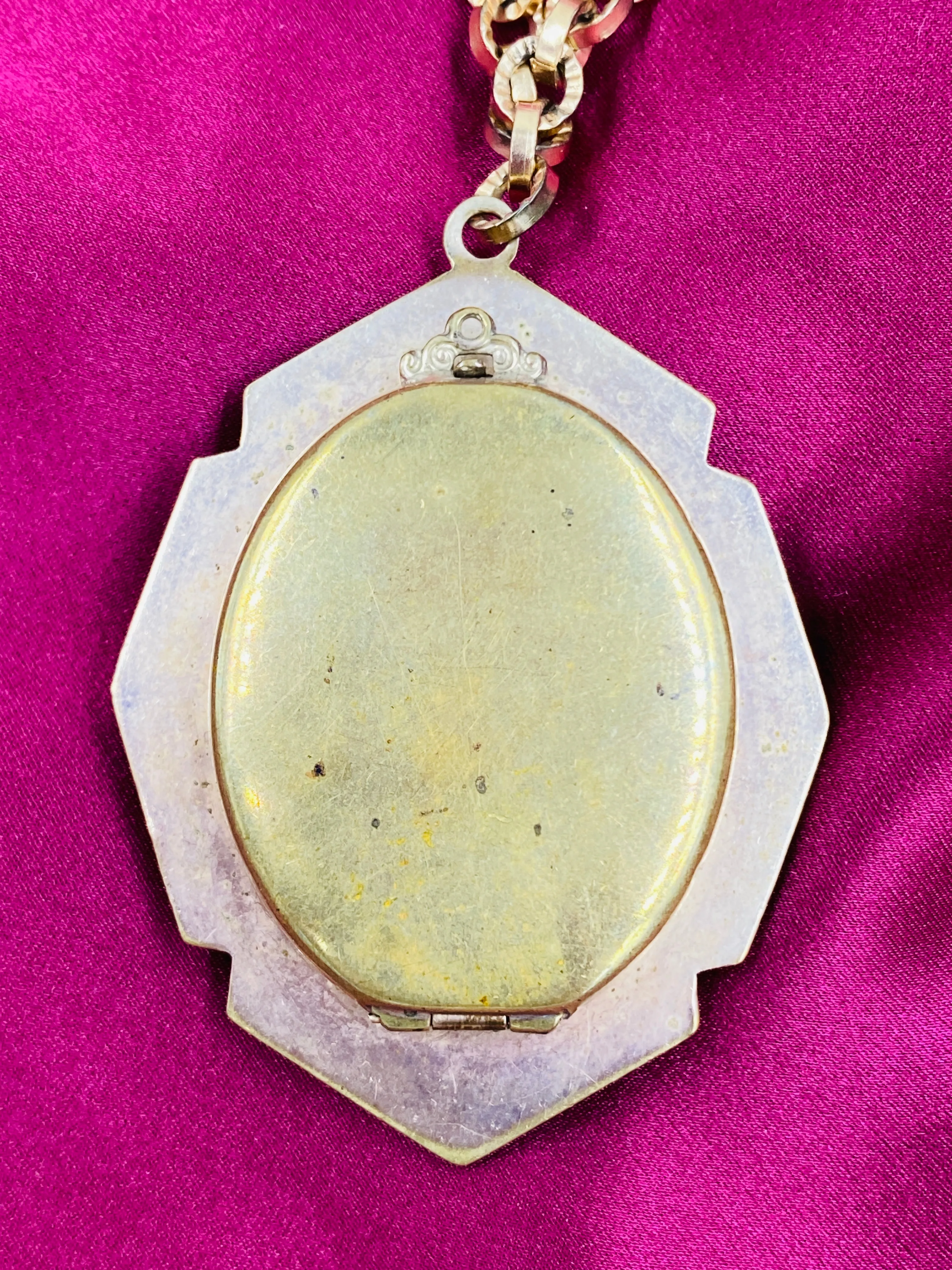 Vintage Large Goldtone Ceramic Portrait Pendant Locket