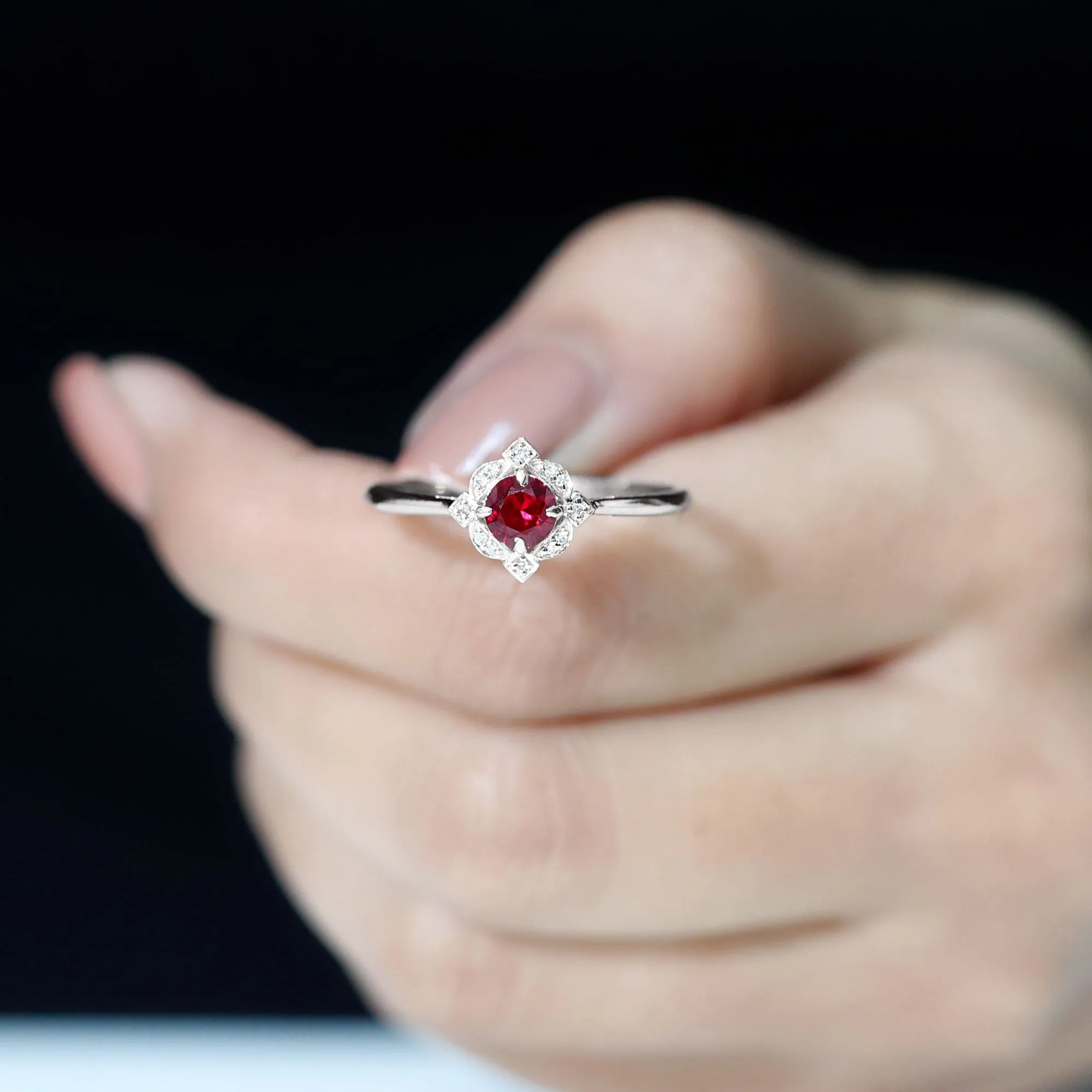 Vintage Style Lab Grown Ruby and Diamond Engagement Ring