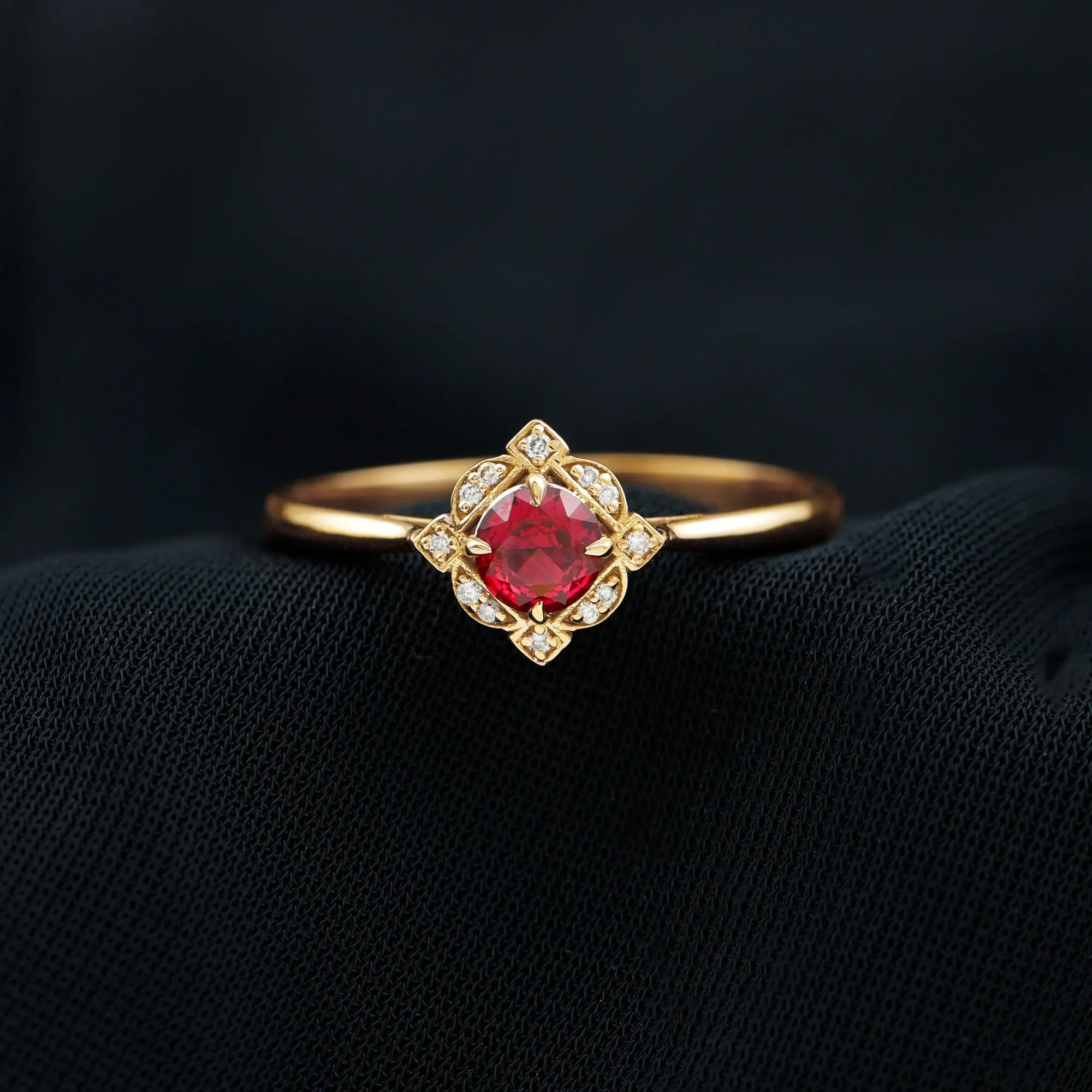 Vintage Style Lab Grown Ruby and Diamond Engagement Ring