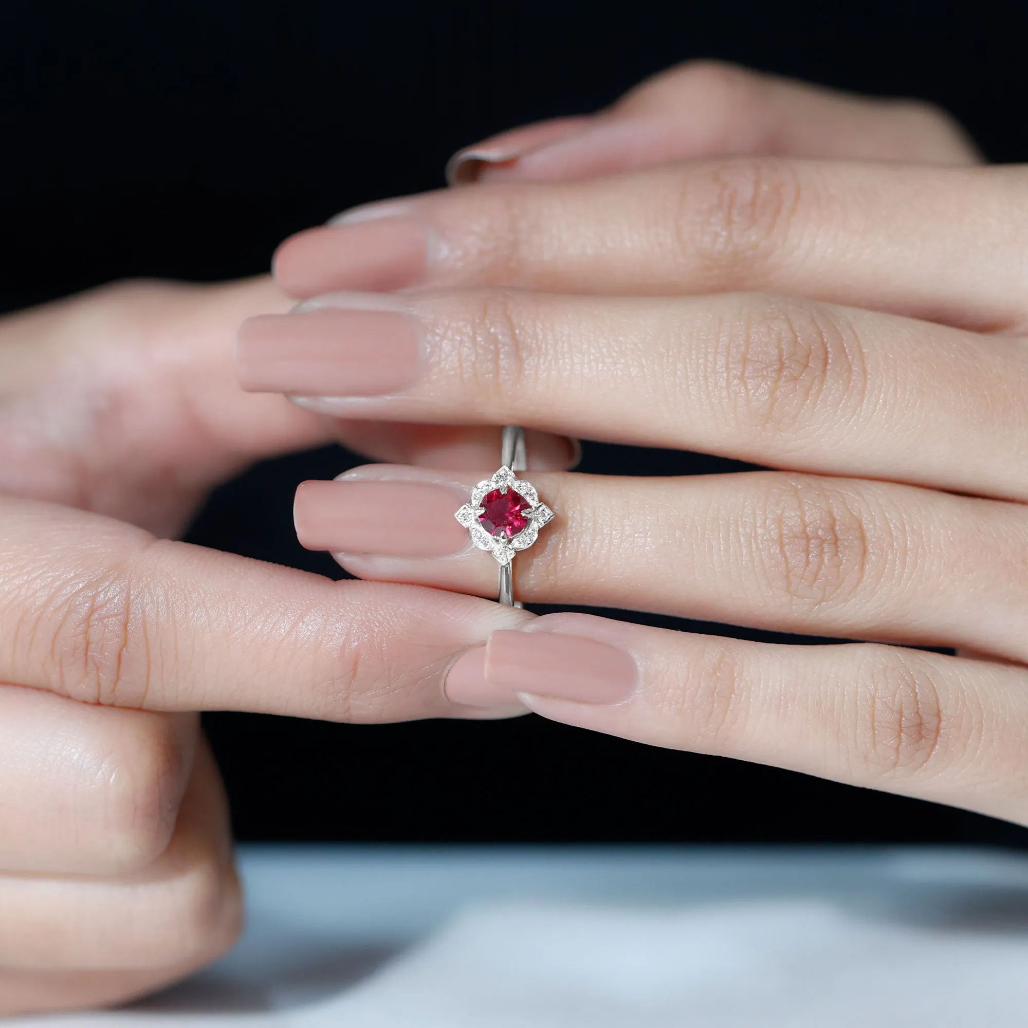 Vintage Style Lab Grown Ruby and Diamond Engagement Ring