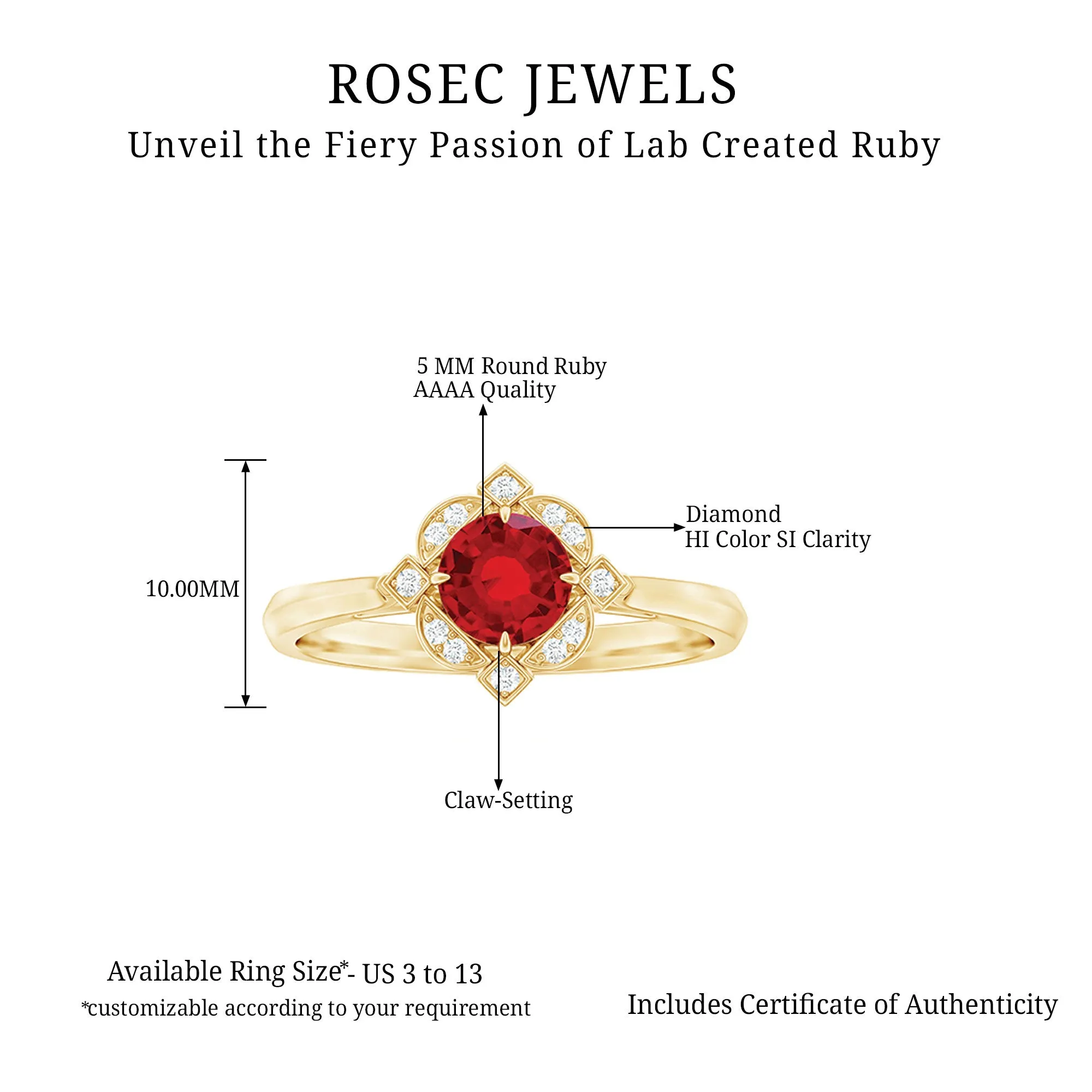 Vintage Style Lab Grown Ruby and Diamond Engagement Ring