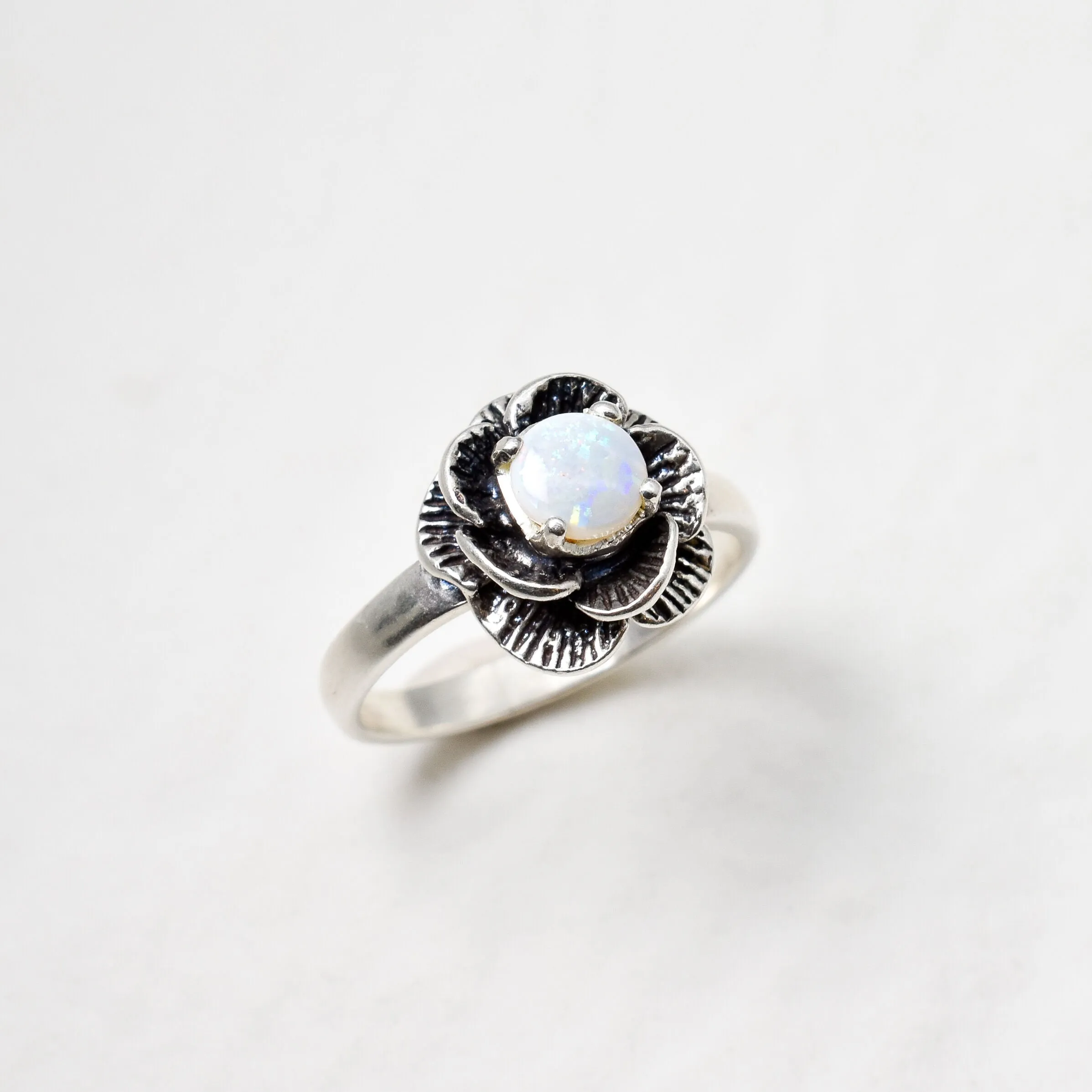 White Flower Ring - Natural Australian Opal Ring - Vintage Flower Ring