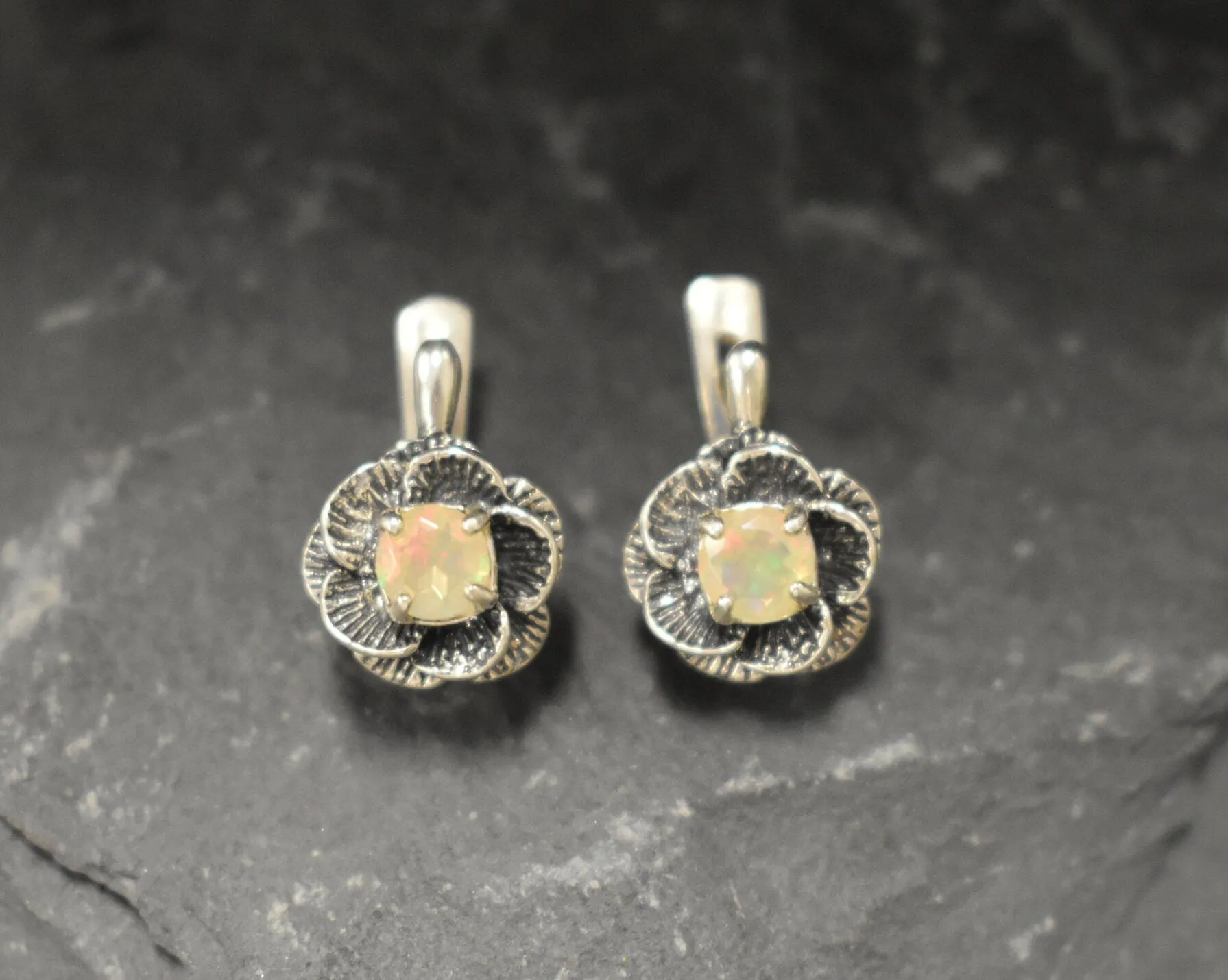 White Rose Earrings - Natural Opal Studs - Vintage Flower Earrings