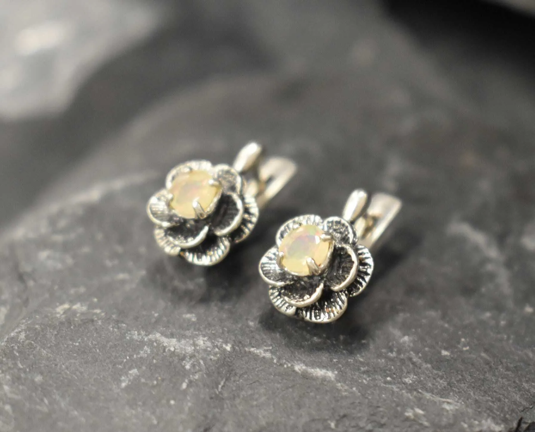 White Rose Earrings - Natural Opal Studs - Vintage Flower Earrings