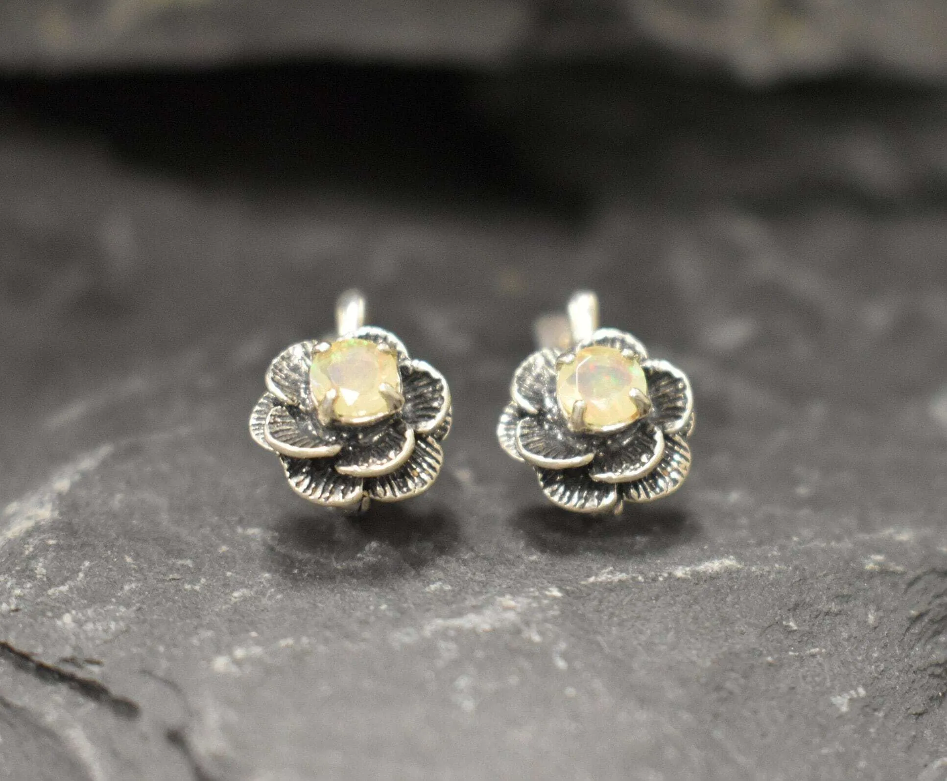 White Rose Earrings - Natural Opal Studs - Vintage Flower Earrings