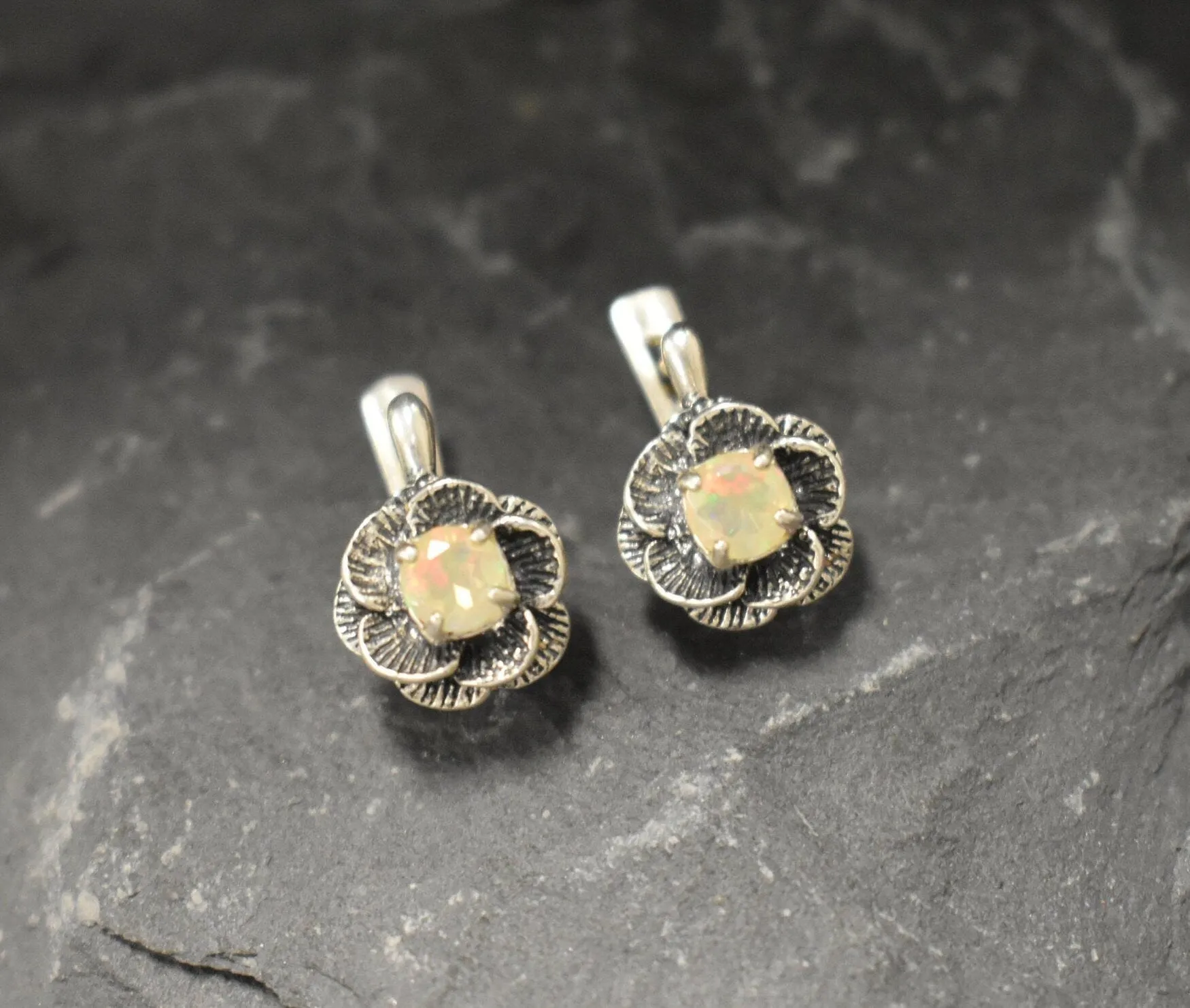 White Rose Earrings - Natural Opal Studs - Vintage Flower Earrings