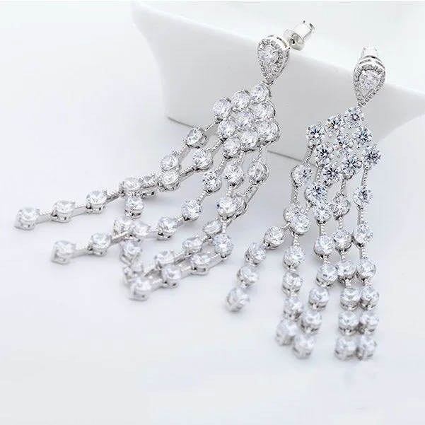 Women's CZ Crystal Dangle Drop Earrings - Luxury Five Strand