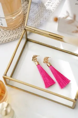 Xander Kostroma Gold Tone & Fuchsia Pink Tassel Drop Earrings - Handmade Statement Jewelry, Bold Tassel Earrings, Boho Chic Earrings for Women, 8cm Drop Length, Lightweight Fashion Earrings, Perfect Gift for Her